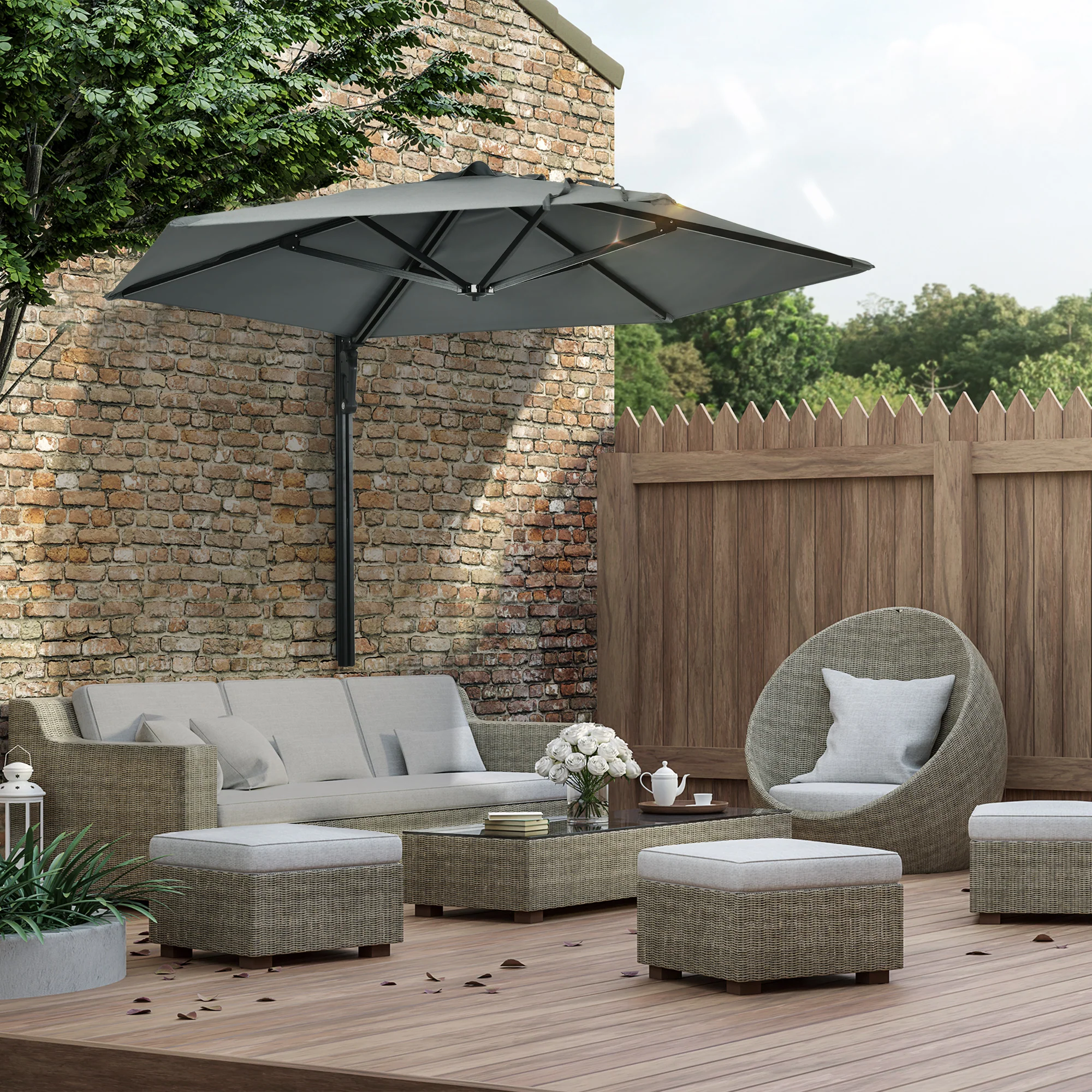 2.5m Wall Mounted Parasol with 180 Degree Rotatable Canopy for Porch, Deck, Garden, Grey - Image 4