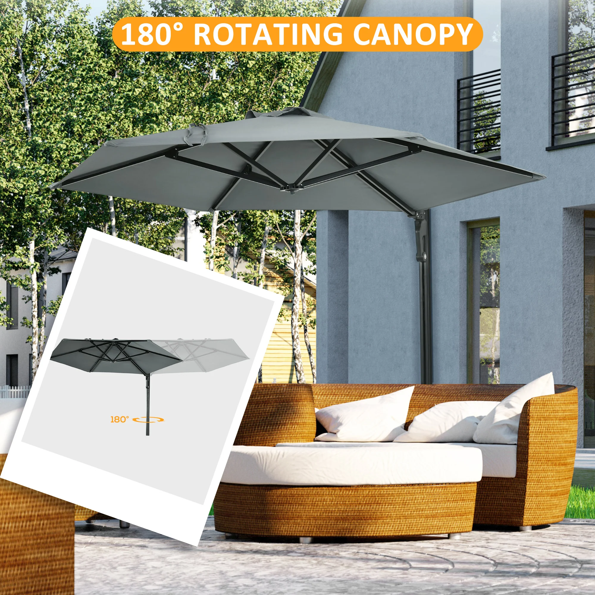 2.5m Wall Mounted Parasol with 180 Degree Rotatable Canopy for Porch, Deck, Garden, Grey - Image 6