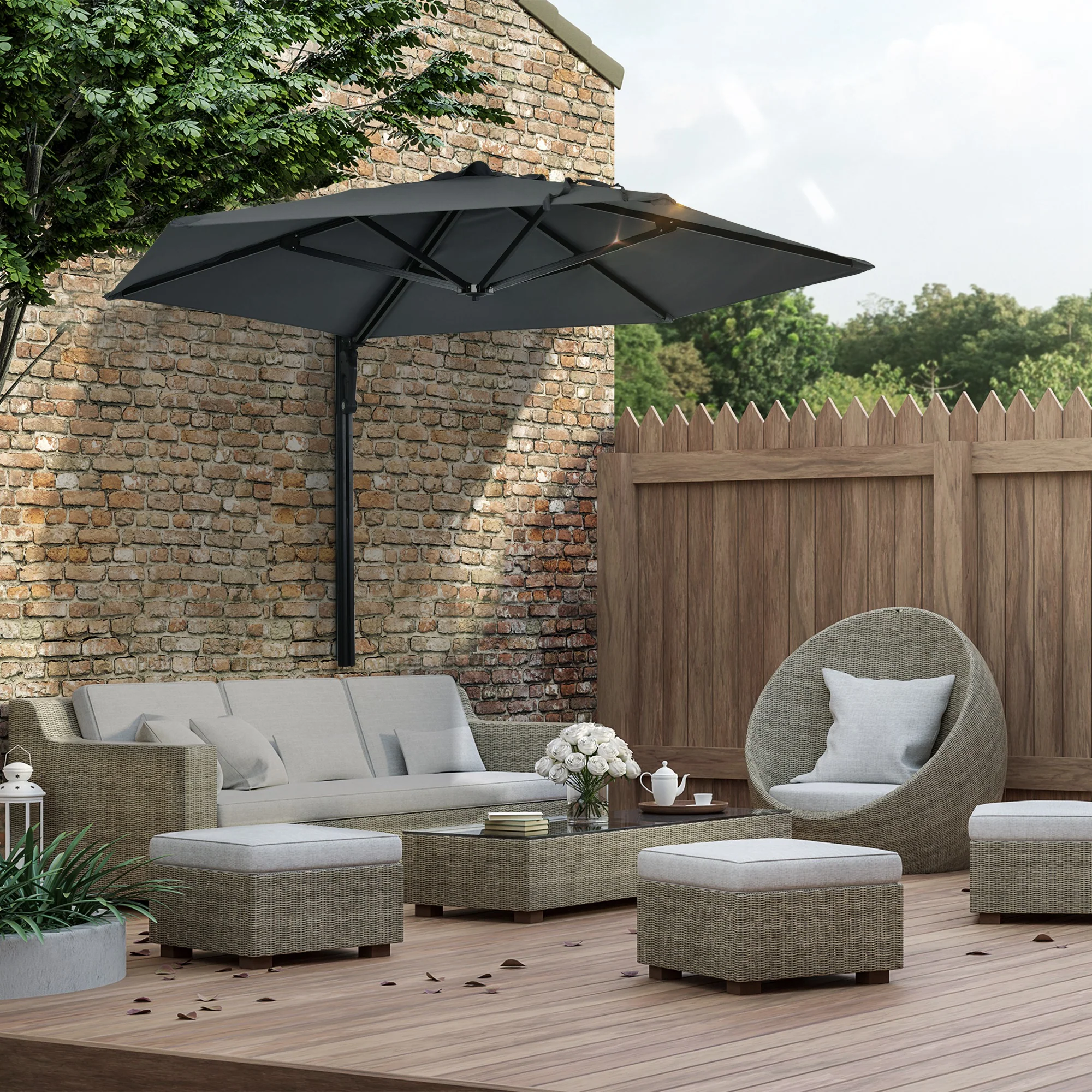 2.5m Wall Mounted Parasol with 180 Degree Rotatable Canopy for Porch, Deck, Garden, Dark Grey - Image 4