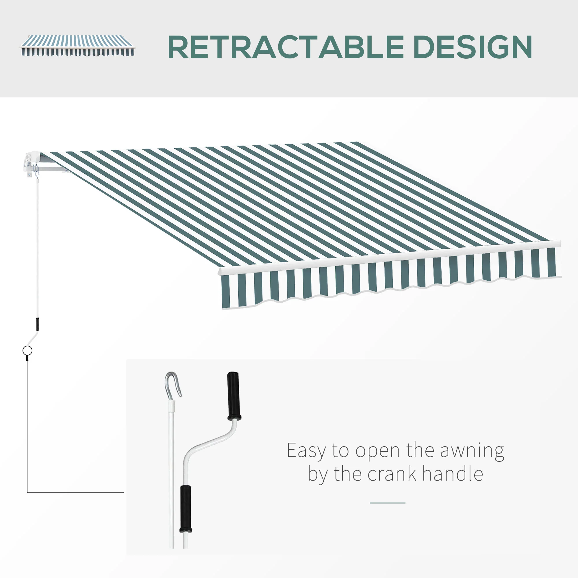 2.5 x 2m Manual Retractable Awning Canopy with Winding Handle for Patio, Green/White Stripes - Image 7