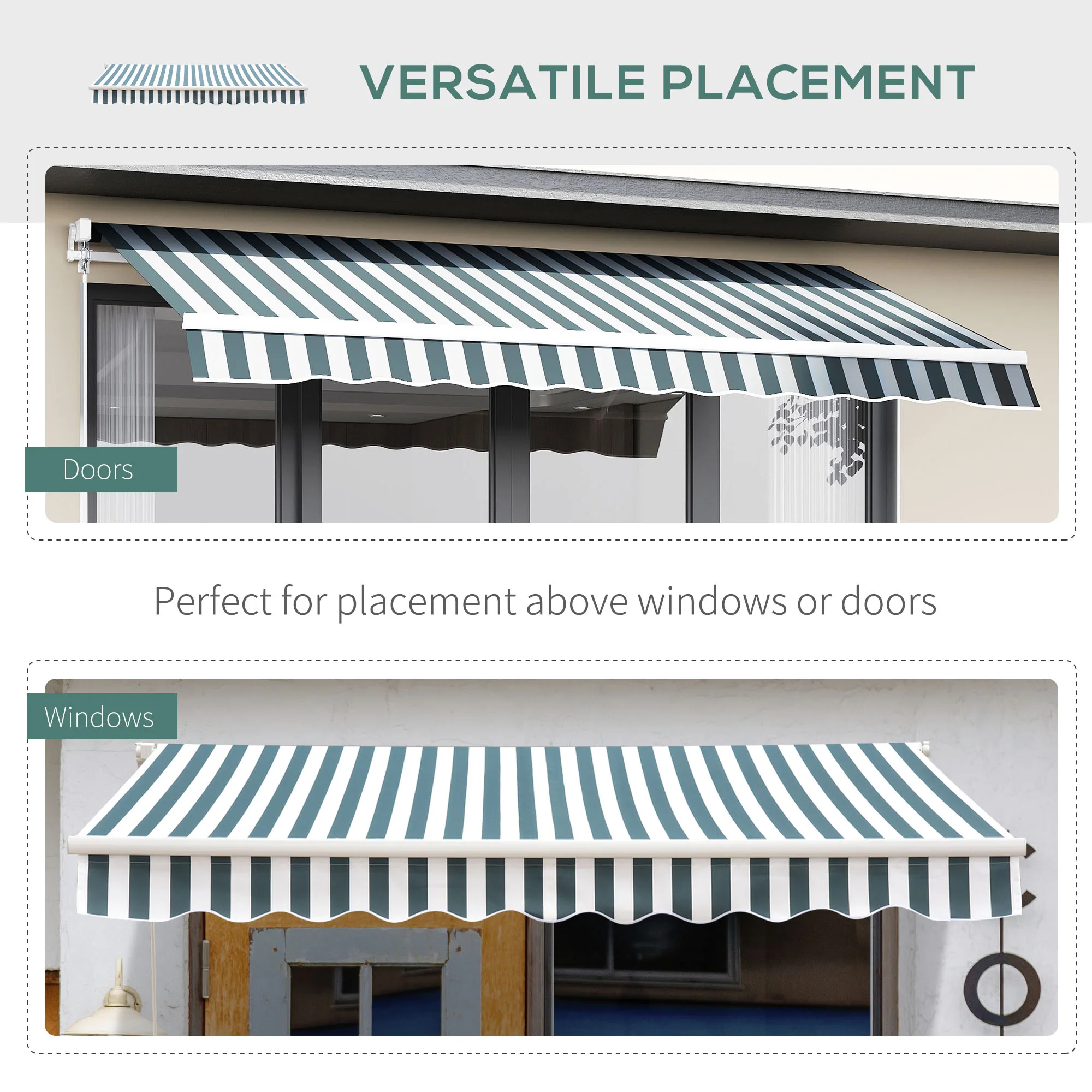 2.5 x 2m Manual Retractable Awning Canopy with Winding Handle for Patio, Green/White Stripes - Image 9