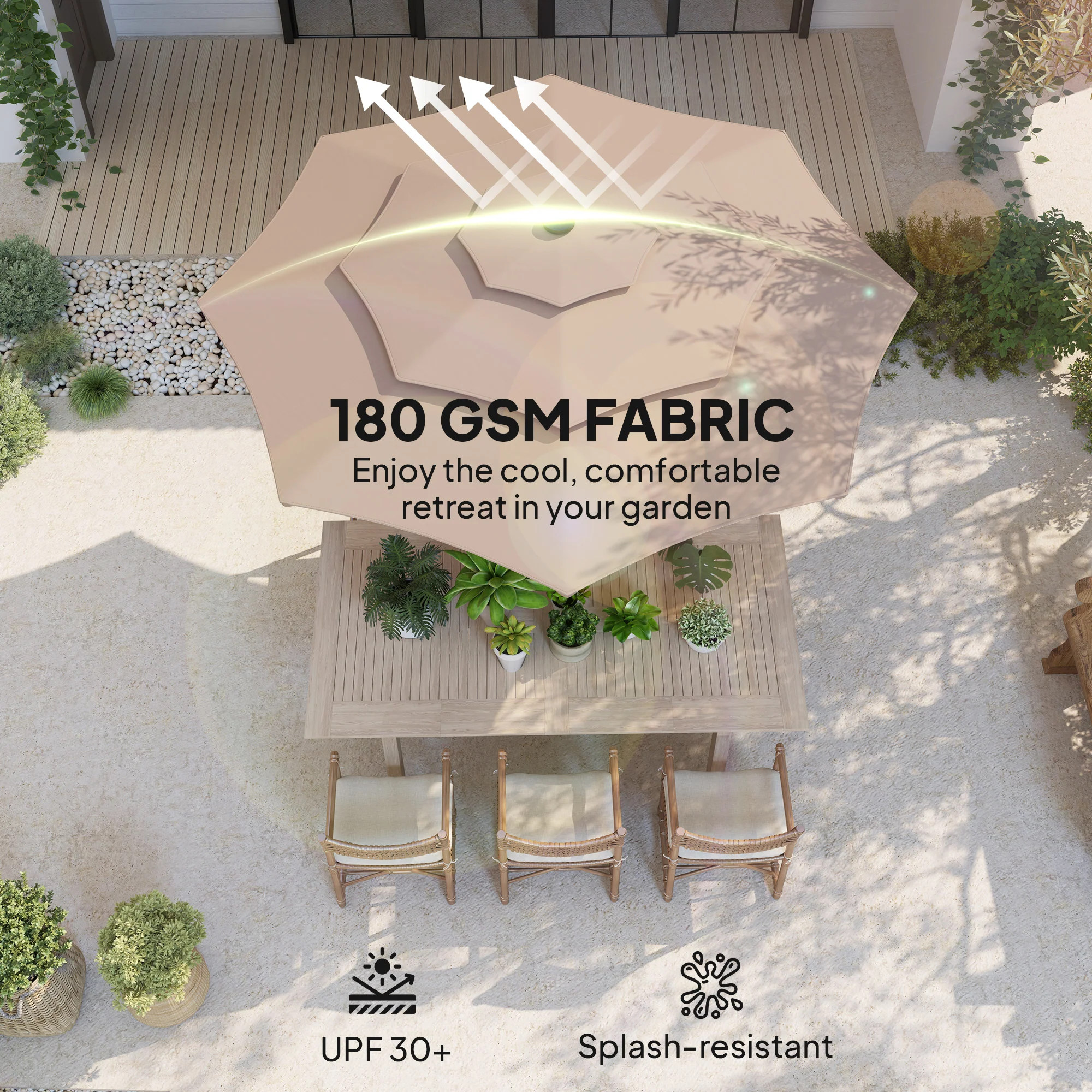 2.6 m Garden Parasol with Solar LED Lights, Tilt Mechanism & Crank Handle, Khaki - Image 9