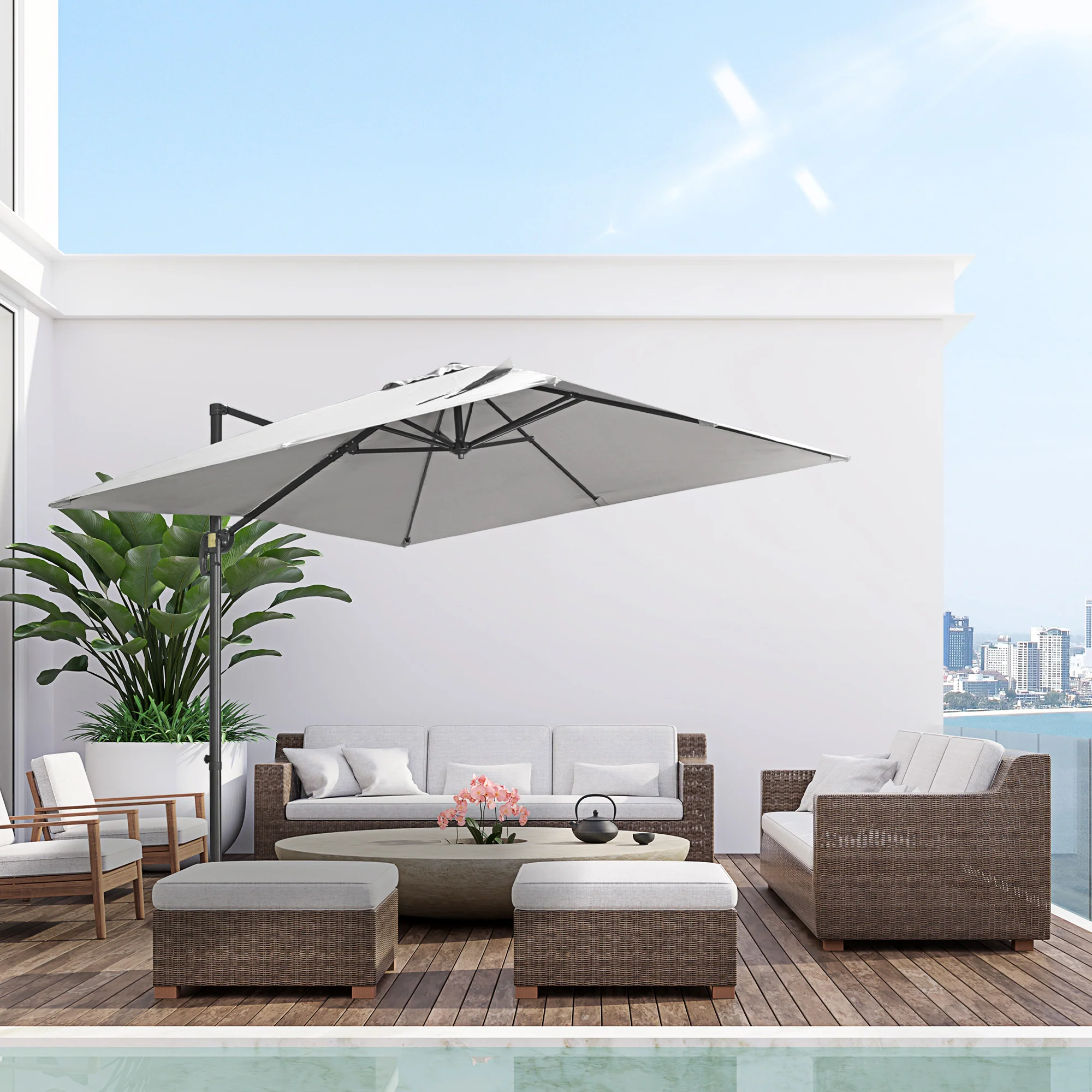 2.7 x 2.7 m Square Overhanging Parasol with Tilt, Aluminium Frame & 360° Rotation, Grey - Image 4