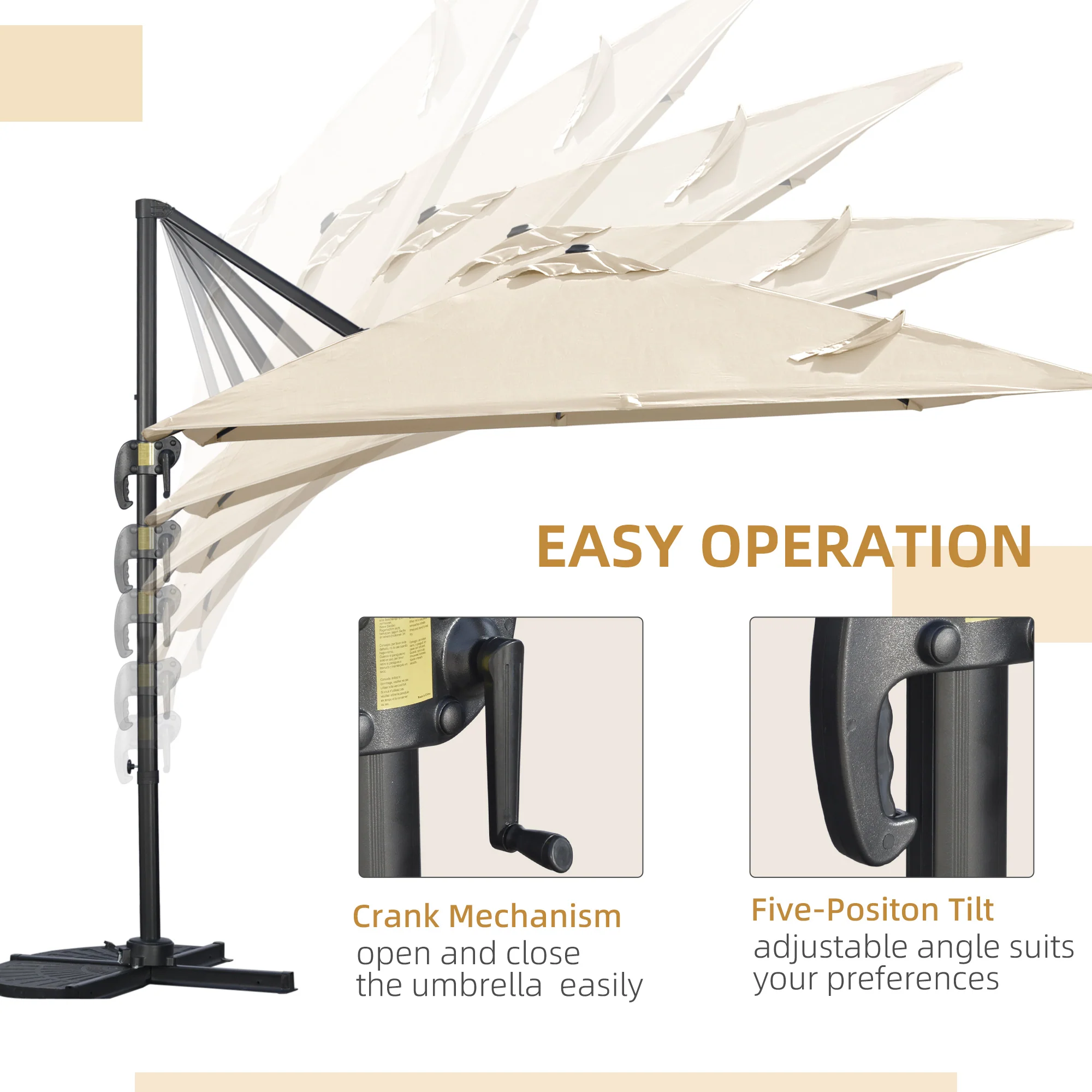 2.7 x 2.7 m Square Overhanging Parasol with Tilt, Aluminium Frame & 360° Rotation, Cream White - Image 6