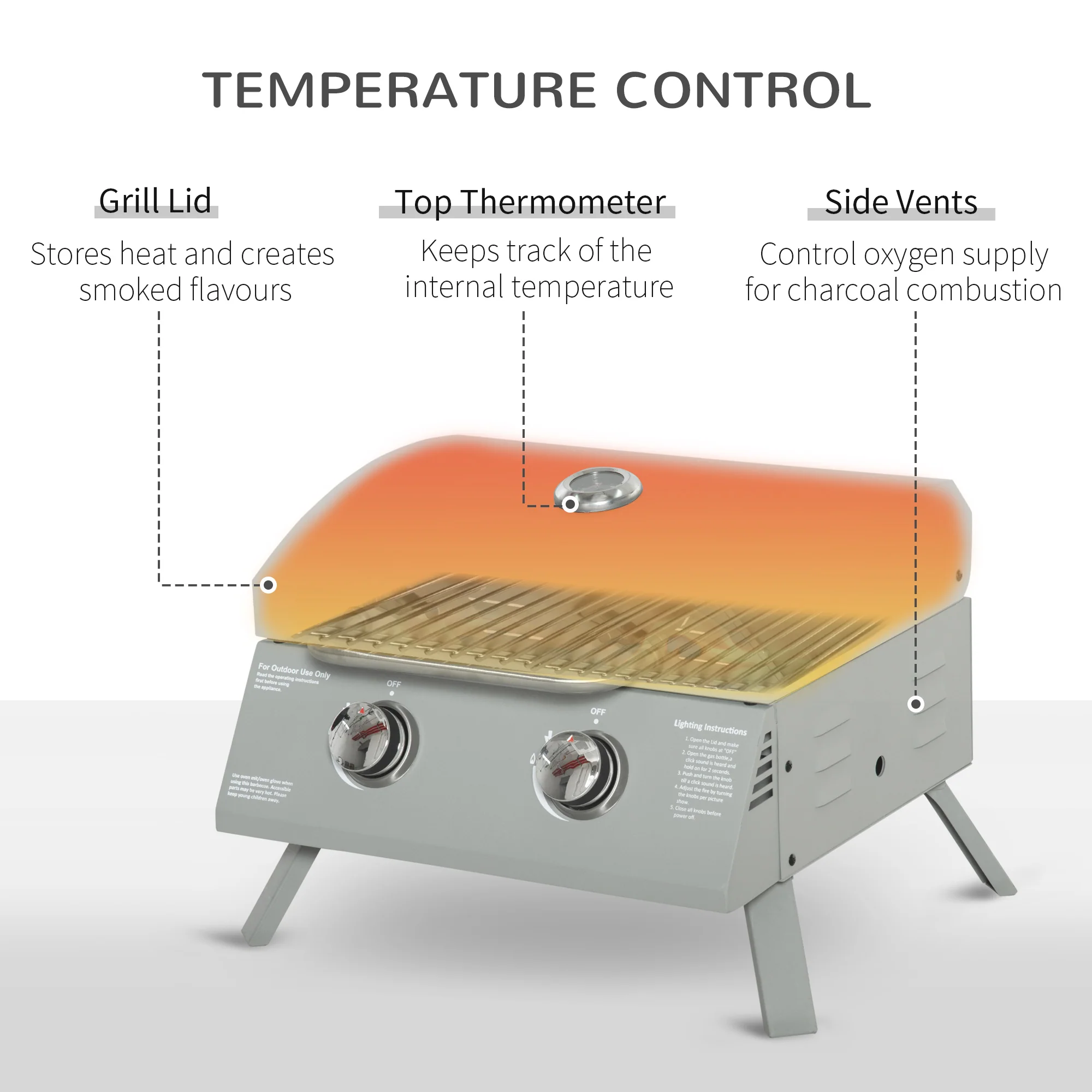 2 Burner Propane Gas Grill, Portable Tabletop BBQ with Foldable Legs, Lid, for Camping, Picnic, Silver - Image 6