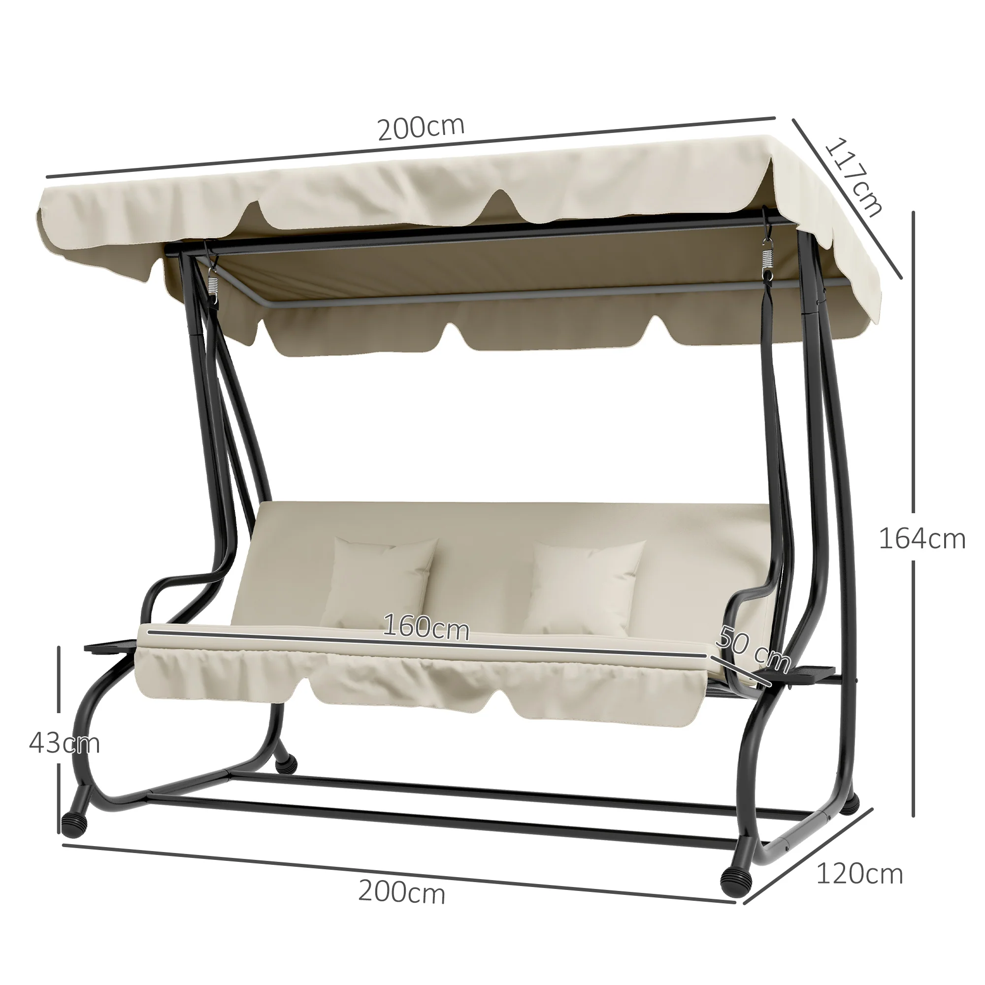 2-in-1 Garden Swing Seat Bed w/ Tilting Canopy, Cushioned Seat and 2 Pillows, Cream White - Image 5