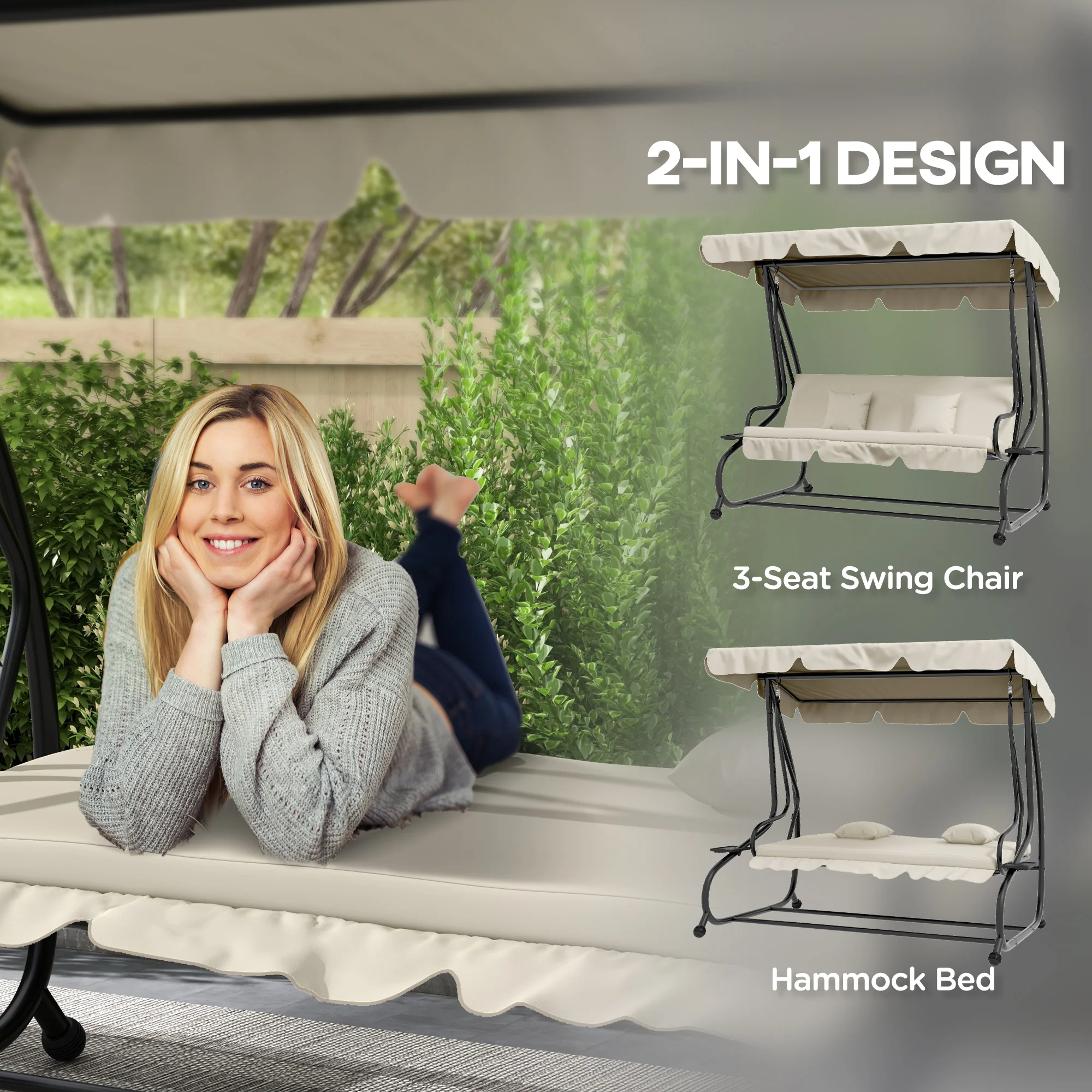 2-in-1 Garden Swing Seat Bed w/ Tilting Canopy, Cushioned Seat and 2 Pillows, Cream White - Image 6