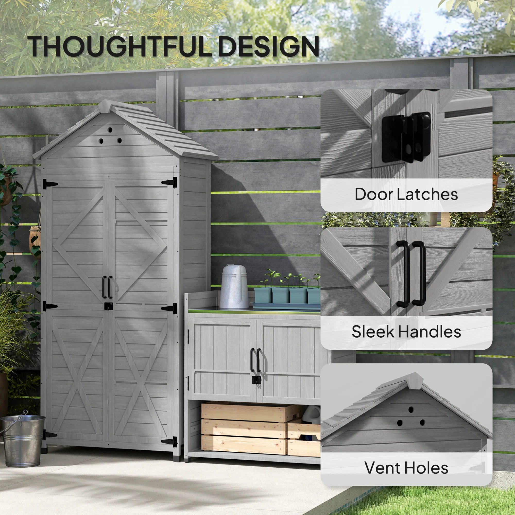 2 in 1 Wood Outdoor Storage Cabinet with Shelves & Latch Doors, Light Grey - Image 11