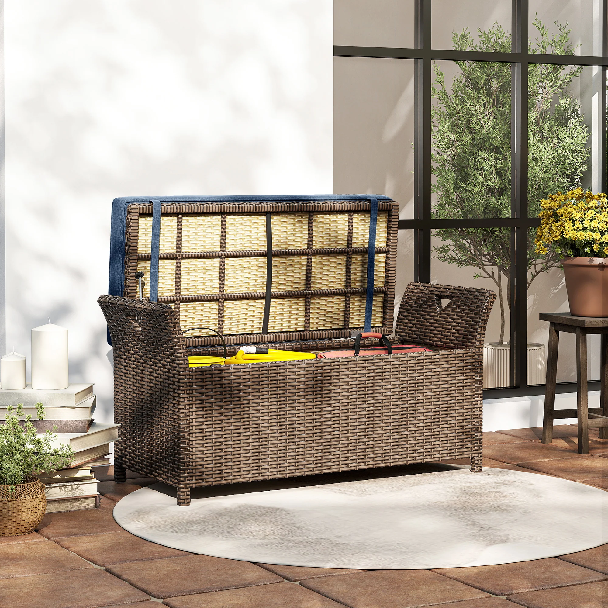 2-In-1 Outdoor Storage Bench, 29 Gallon Wicker Deck Box with Handles and Cushion, Navy Blue - Image 10