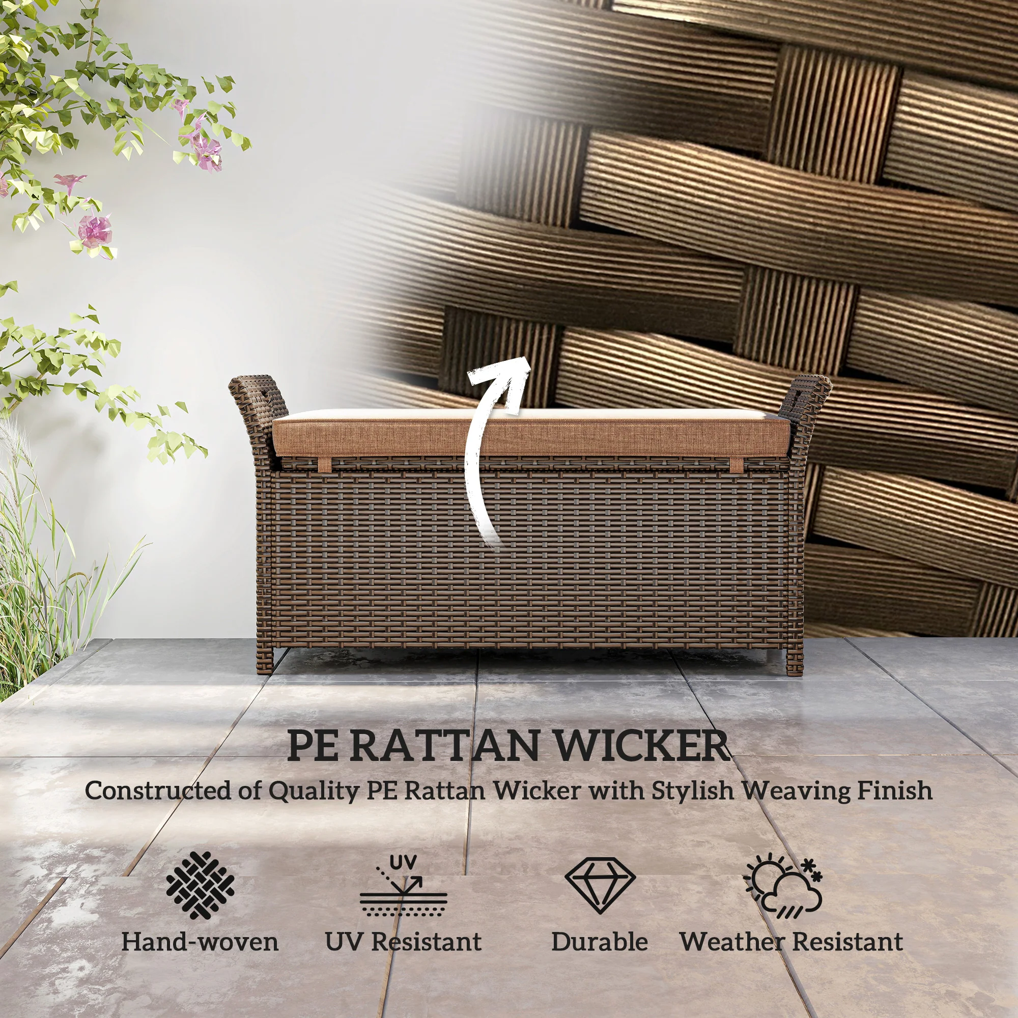 2-In-1 Outdoor Storage Bench, 29 Gallon Wicker Deck Box with Handles and Cushion, Tan - Image 6
