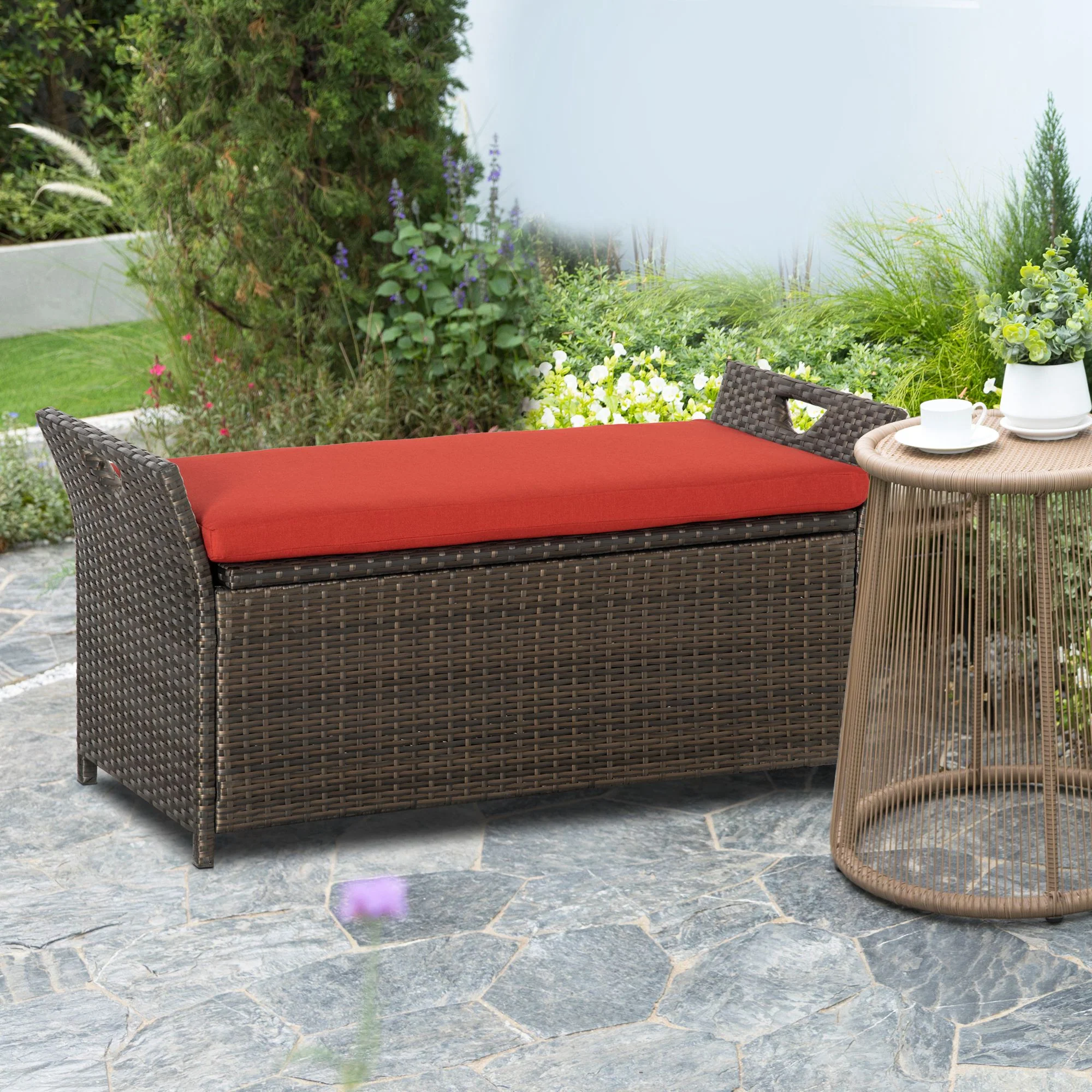 2-In-1 PE Rattan Storage Bench, 29 Gallon Wicker Basket Box w/ Handles & Cushion, Red - Image 4