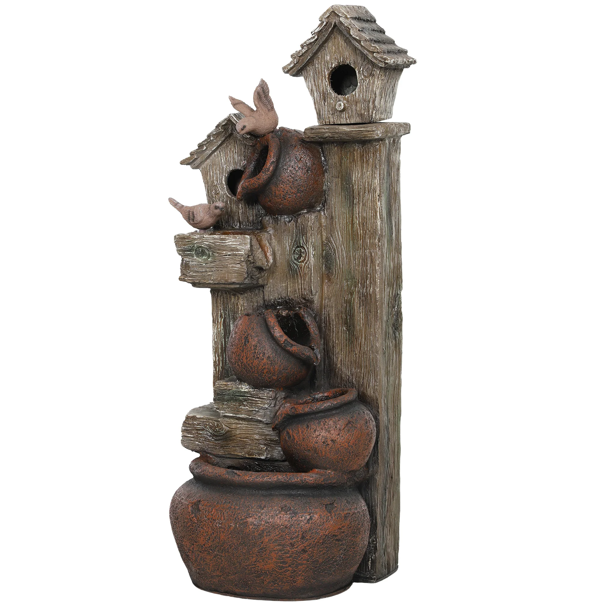 2-in-1 Resin Garden Water Fountain with Birdhouse, LED Lights & Tree Trunk Design, Multi-colour - Image 2