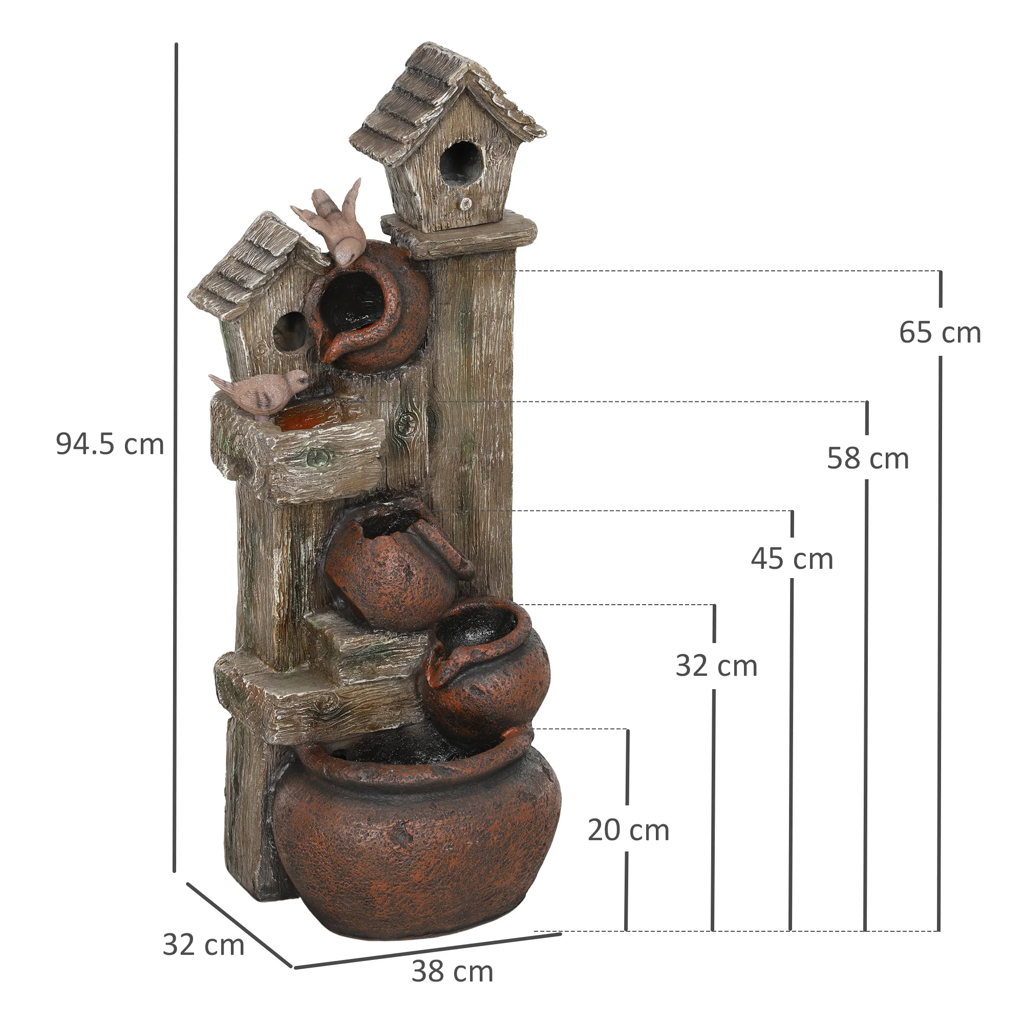 2-in-1 Resin Garden Water Fountain with Birdhouse, LED Lights & Tree Trunk Design, Multi-colour - Image 5