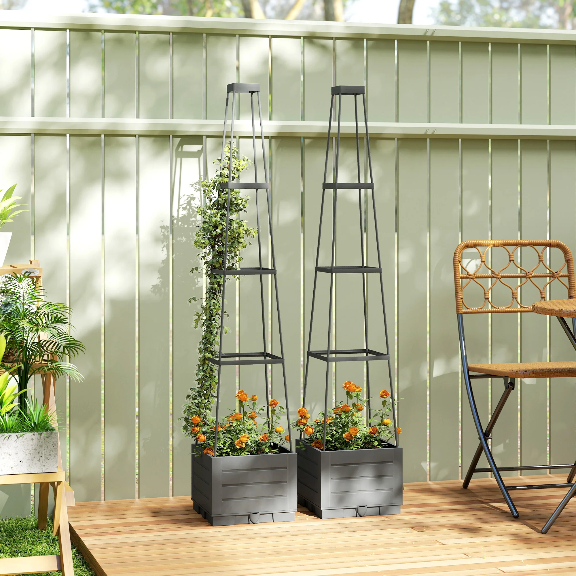 2 Pack Raised Garden Bed with Trellis, Plastic Outdoor Planter Box with Removable Drainage Tray, Tomato Cage for Climbing Plants, Vegetables, Flowers, 28 x 28 x 140 cm - Image 11