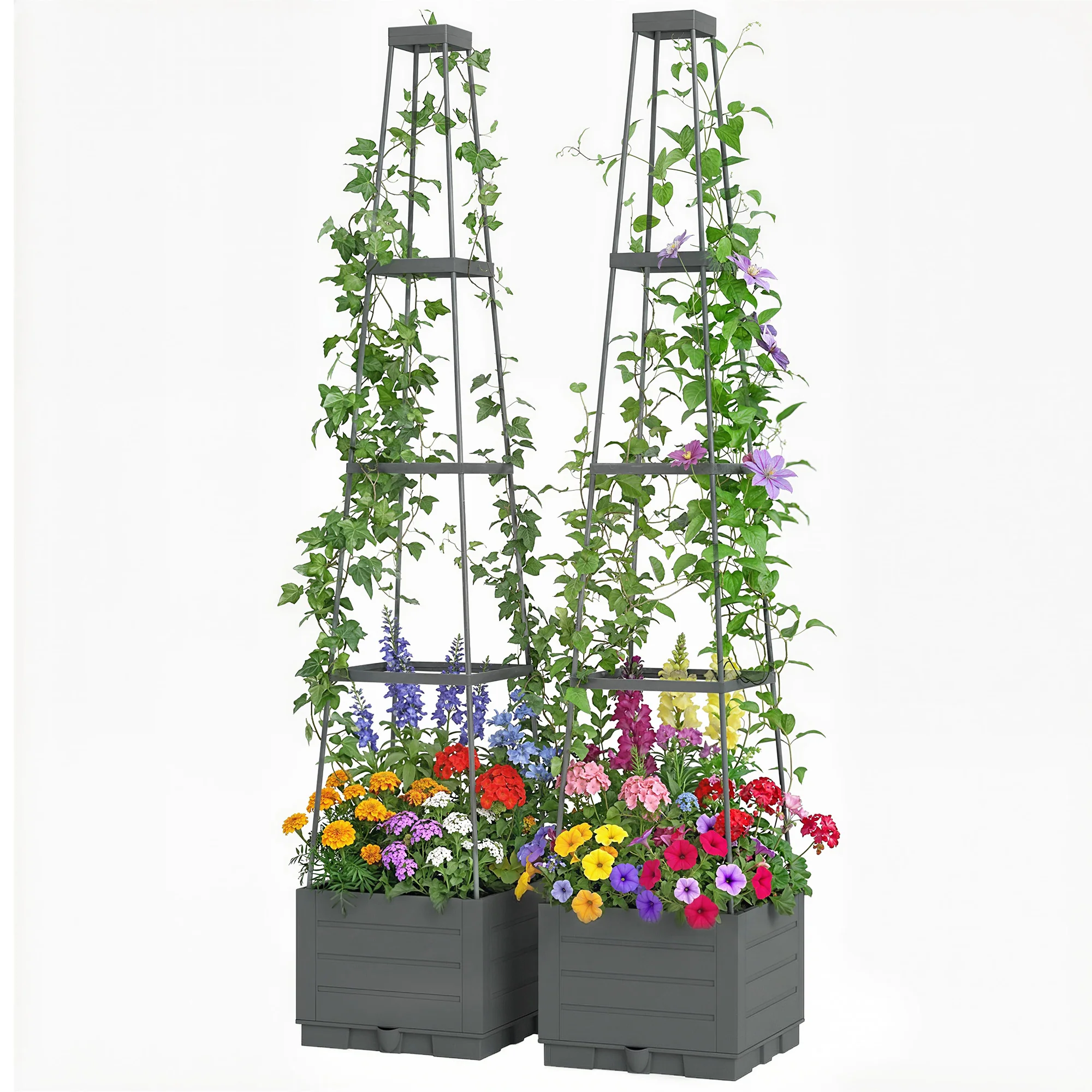 2 Pack Raised Garden Bed with Trellis, Plastic Outdoor Planter Box with Removable Drainage Tray, Tomato Cage for Climbing Plants, Vegetables, Flowers, 28 x 28 x 140 cm - Image 2