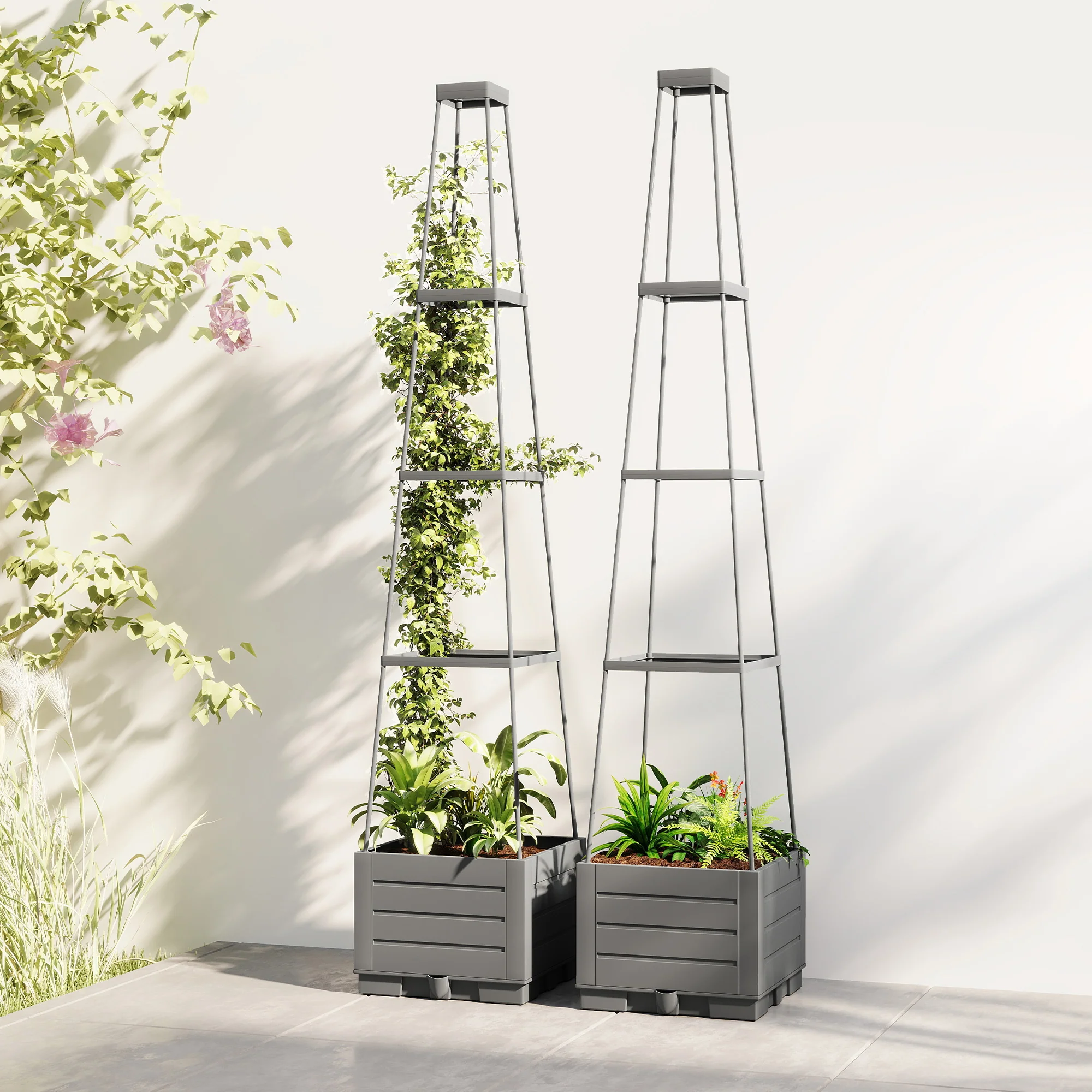 2 Pack Raised Garden Bed with Trellis, Plastic Outdoor Planter Box with Removable Drainage Tray, Tomato Cage for Climbing Plants, Vegetables, Flowers, 28 x 28 x 140 cm - Image 3