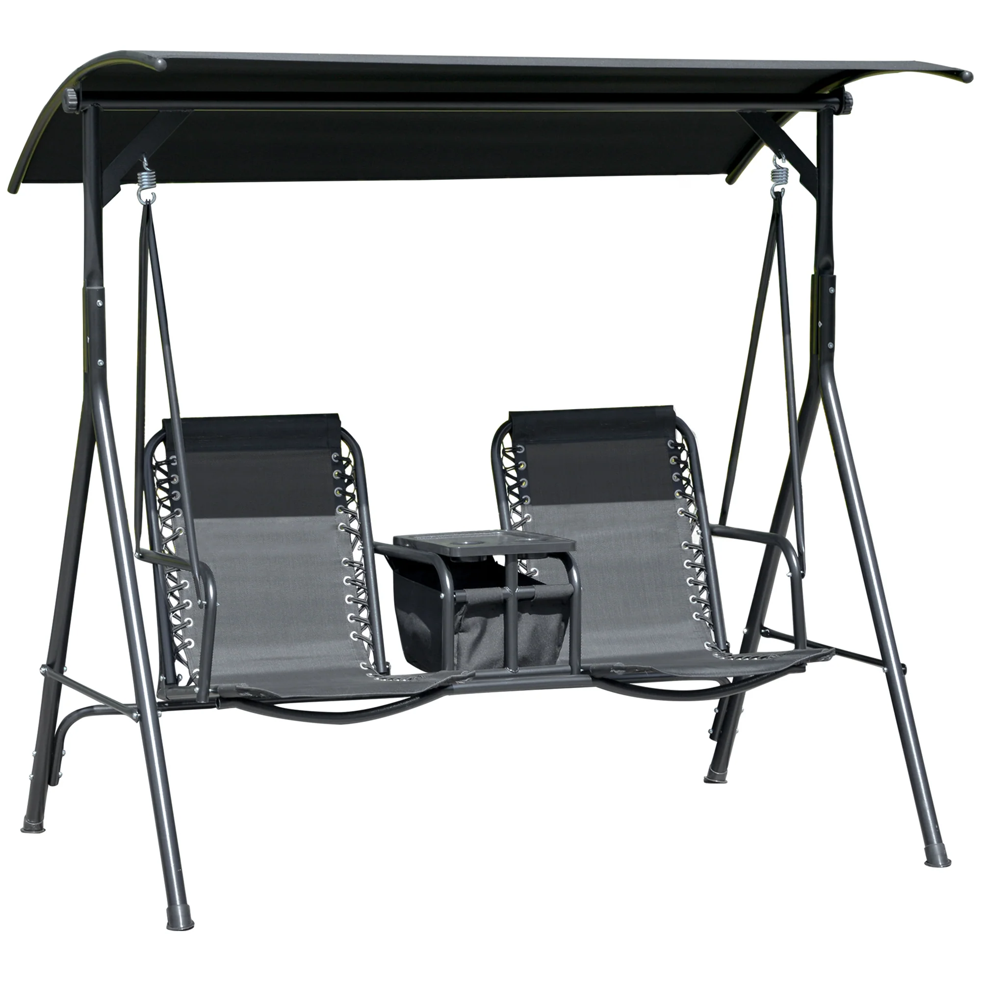 2 Person Covered Porch Swing Patio Swing with Pivot Storage Table, Cup Holder, & Adjustable Overhead Canopy, Black - Image 12