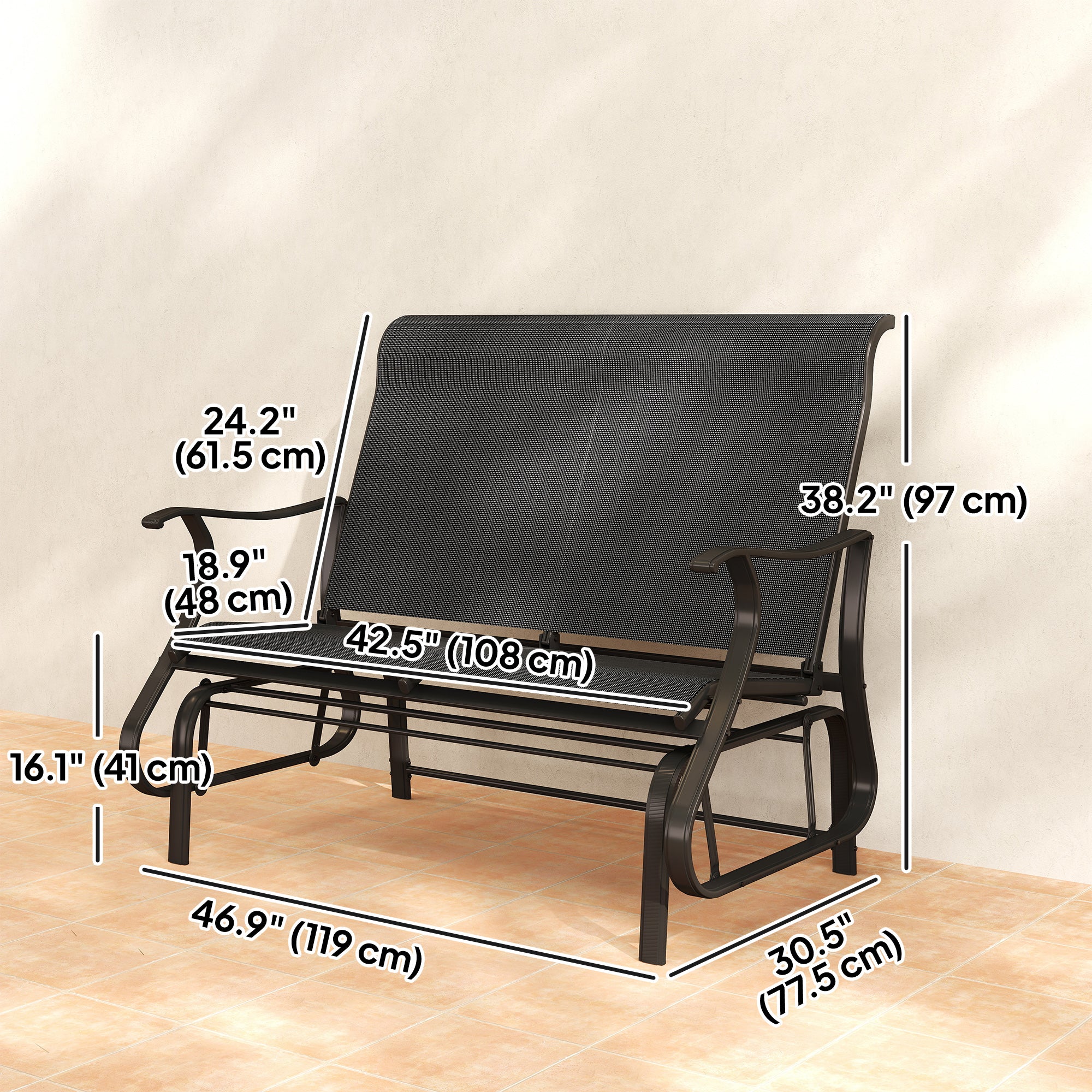 Garden Double Gliding Chair, Patio Glider Armchair for Outdoor, Backyard Mesh Seat and Backrest, Steel Frame Black - Image 5