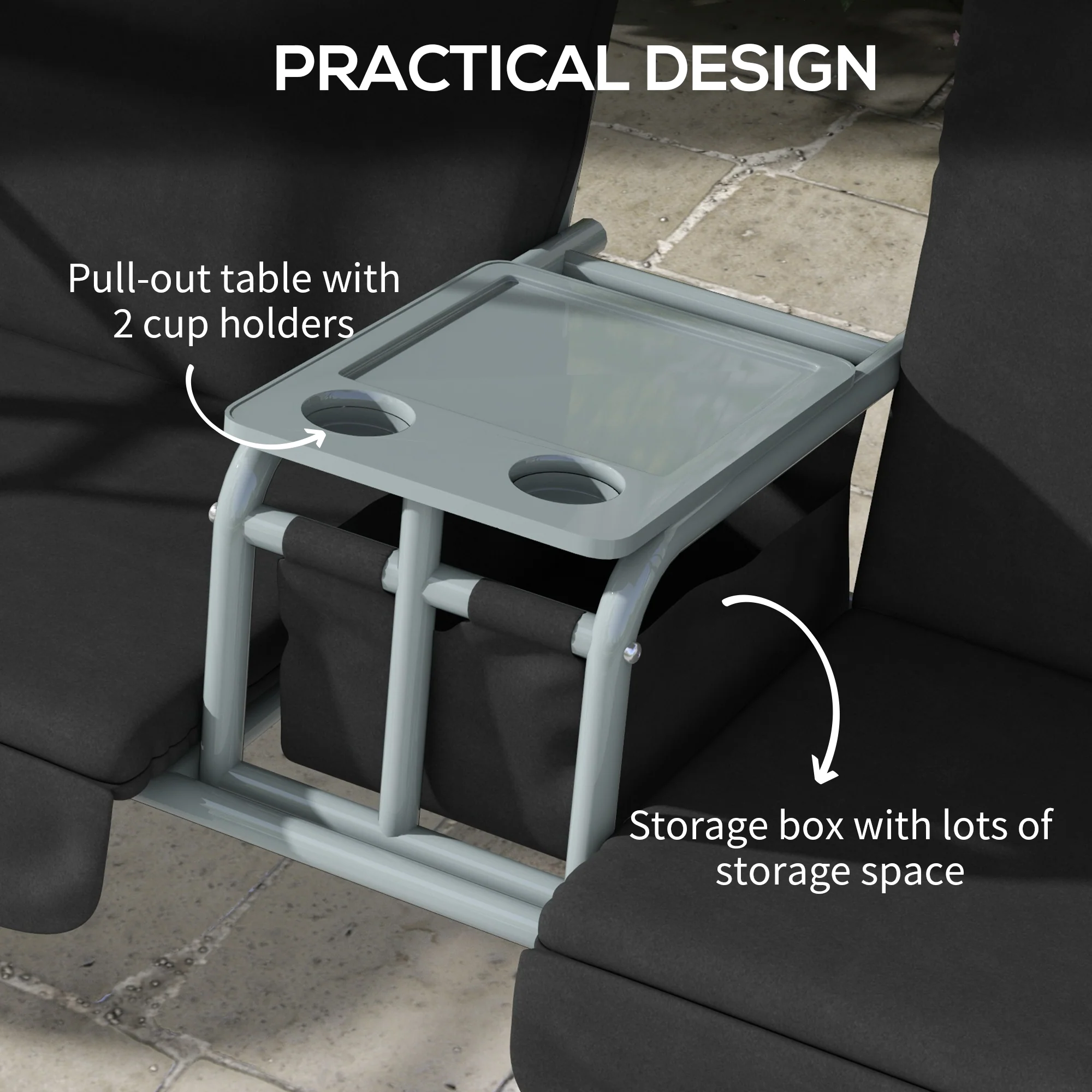 2-Seater Patio Swing with Canopy & Storage Console, Black - Image 7