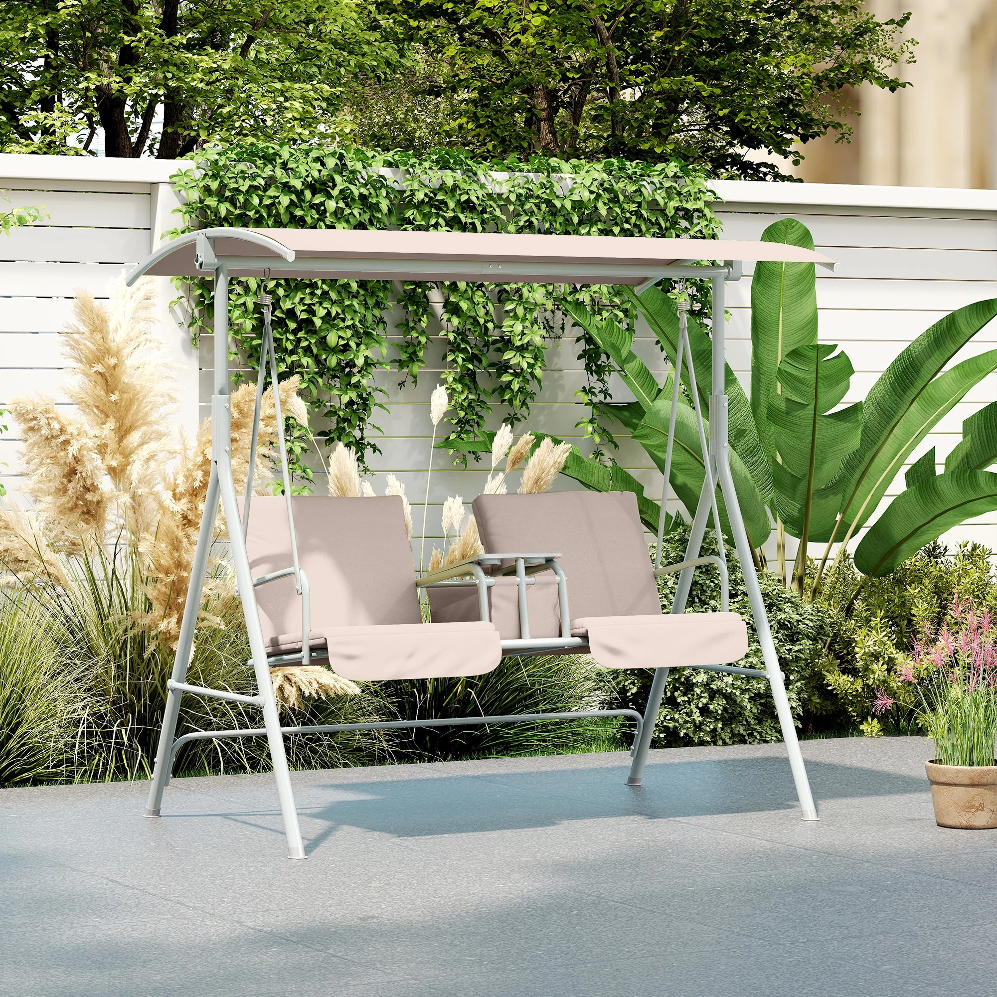 2-Seater Porch Swing with Canopy, Cupholders & Storage Tray, Beige - Image 10
