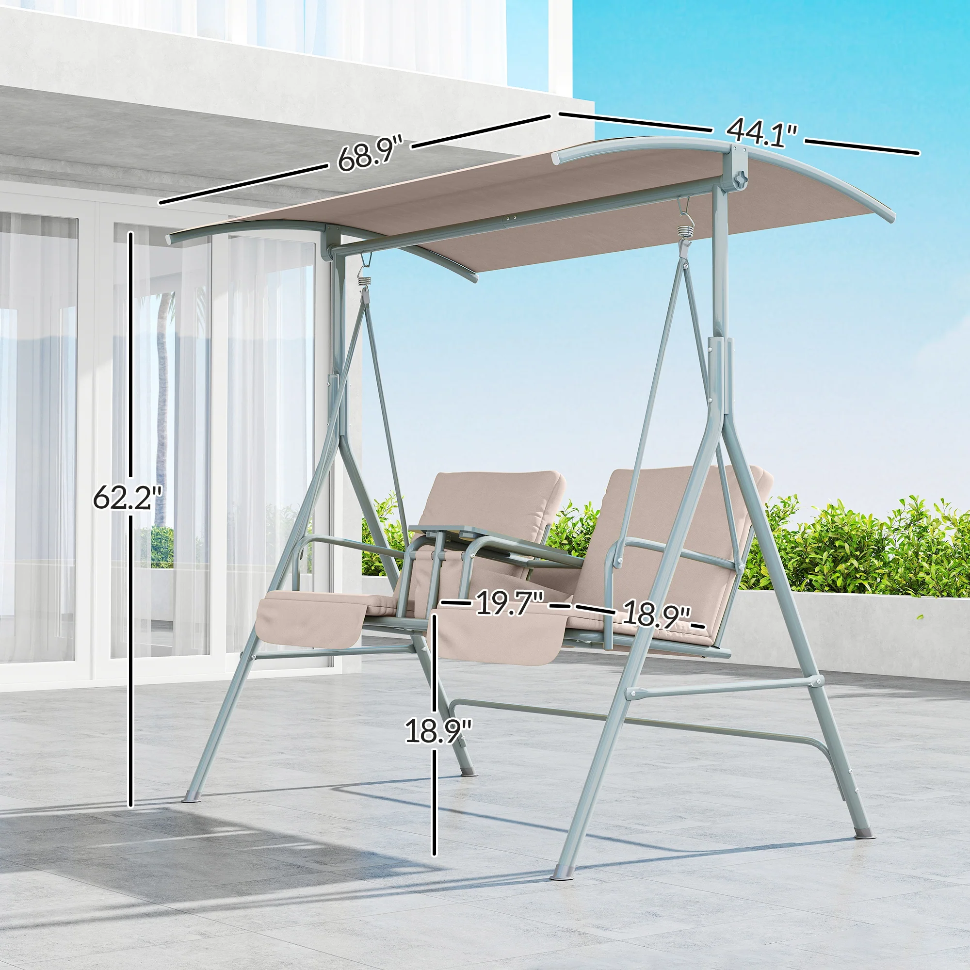 2-Seater Porch Swing with Canopy, Cupholders & Storage Tray, Beige - Image 5