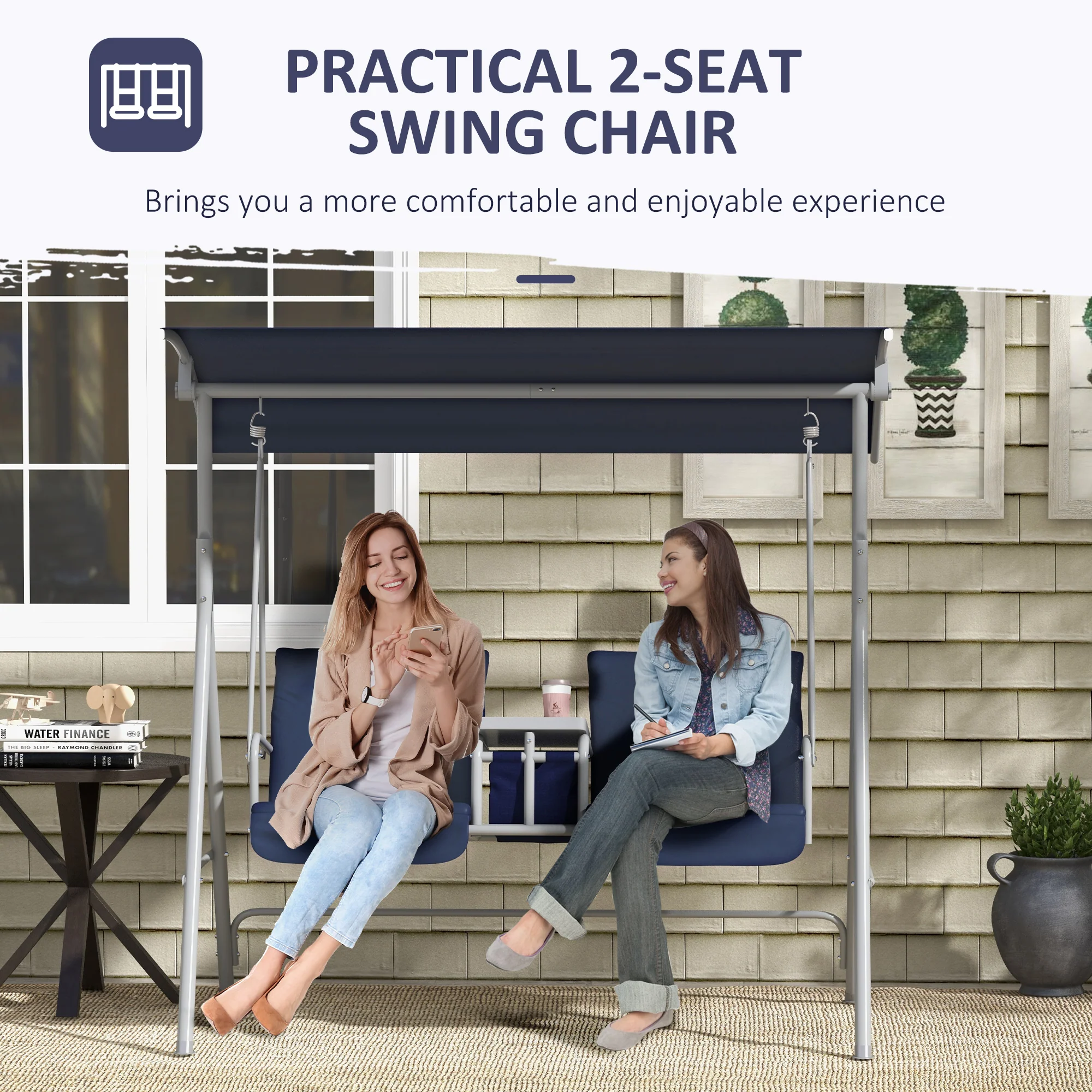 2 Person Porch Swing with Stand, Outdoor Swing with Canopy, Pivot Storage Table, 2 Cup Holders, Cushions for Patio, Backyard, Dark Blue - Image 9