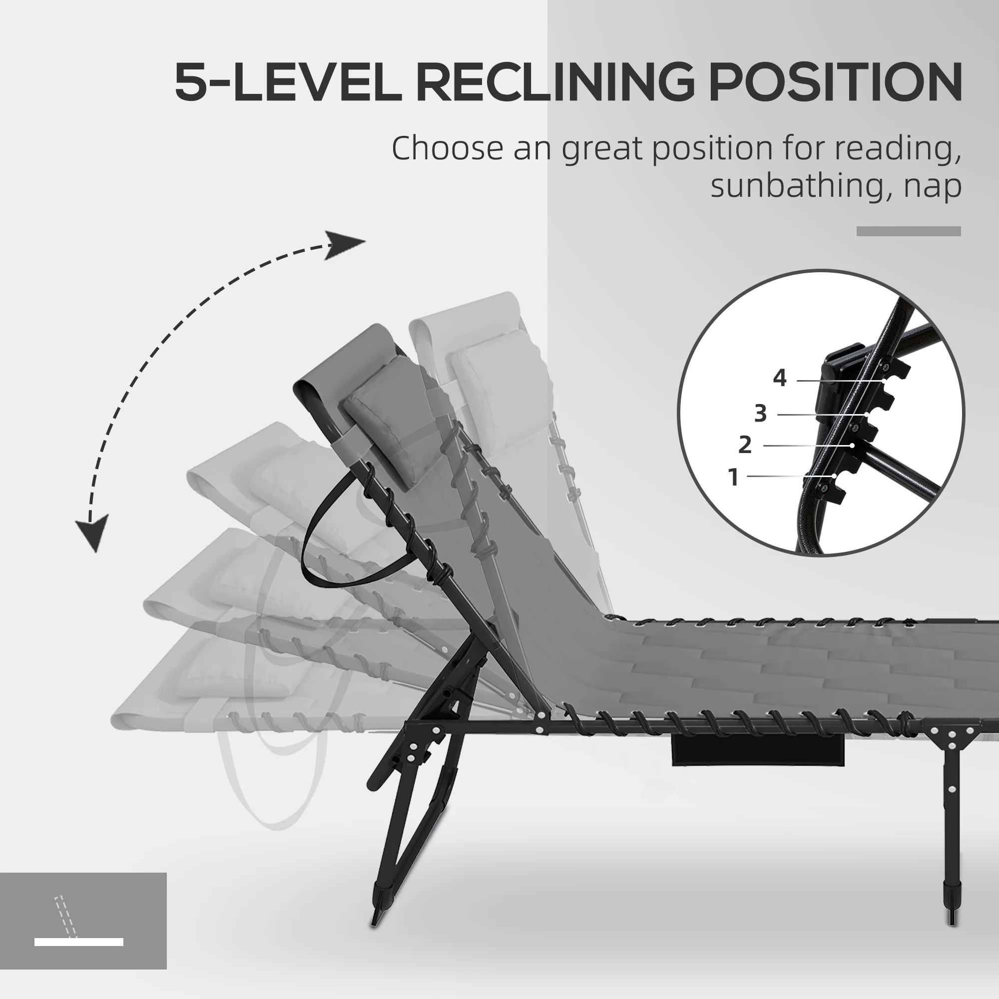 2 Piece Foldable Sun Lounger Set with 5-level Reclining Back & Build-in Padded Seat, Grey - Image 8