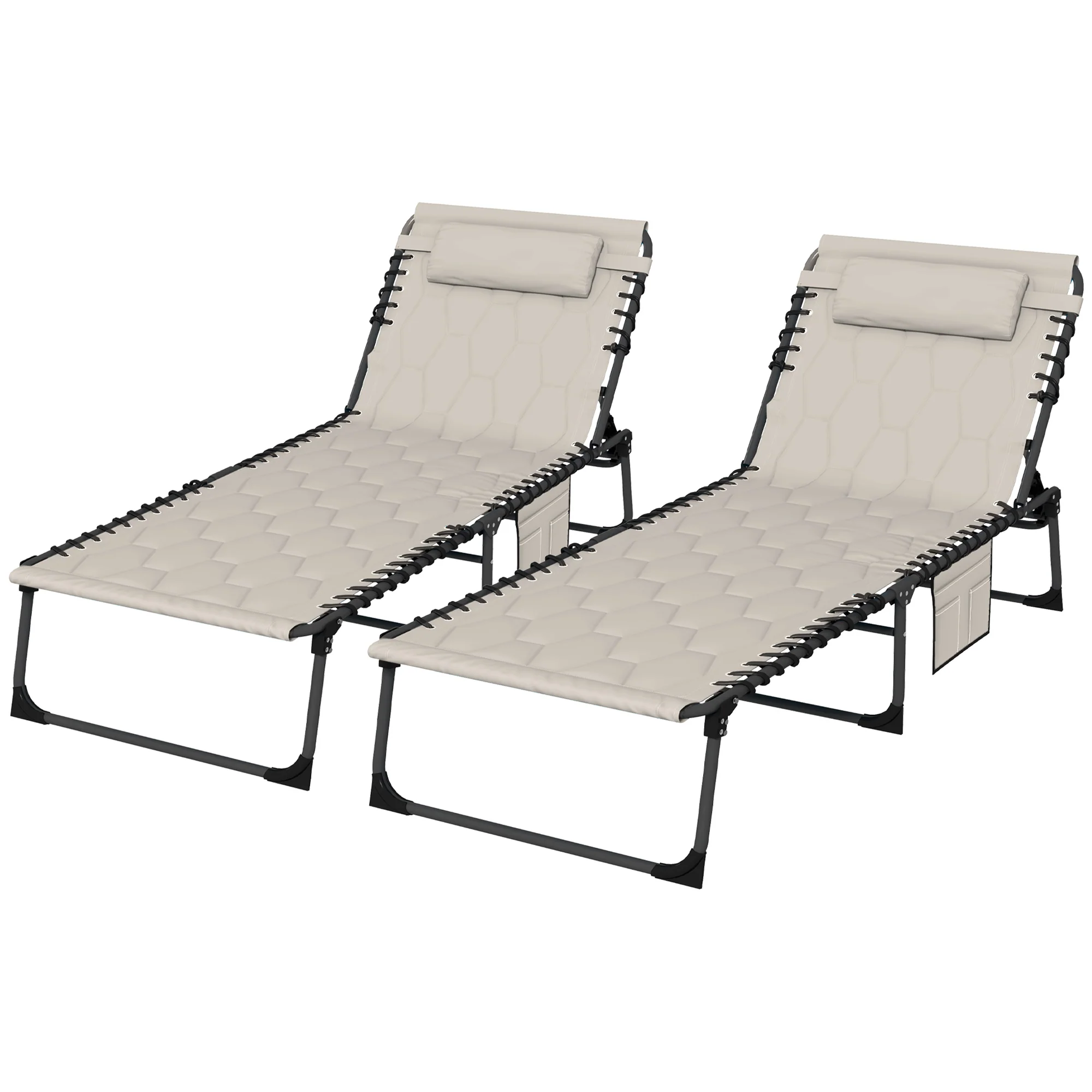2 Piece Foldable Sun Lounger Set with 5-level Reclining Back & Build-in Padded Seat, Khaki - Image 2