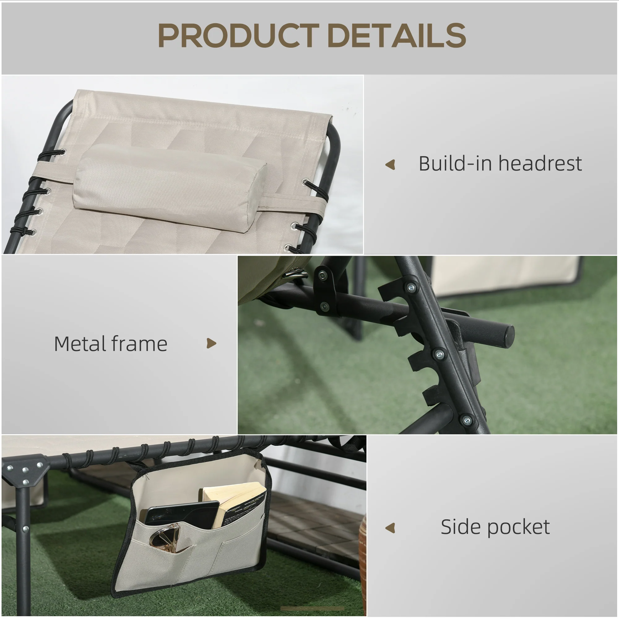 2 Piece Foldable Sun Lounger Set with 5-level Reclining Back & Build-in Padded Seat, Khaki - Image 7