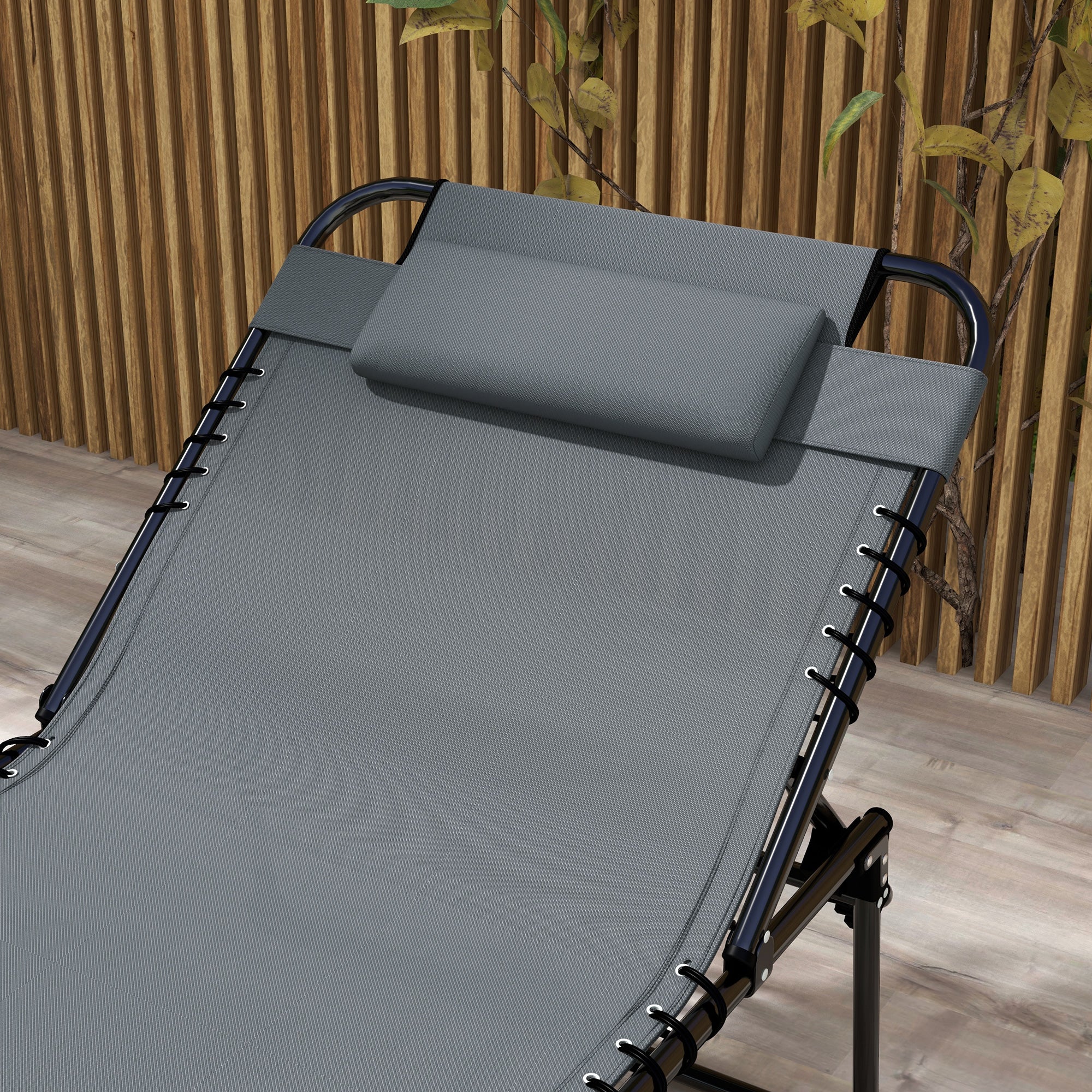 2 Piece Folding Chaise Lounge with 5-level Reclining Back, Tanning Chair with Face Hole, Outdoor Lounge Chair with Side Pocket & Headrest for Beach, Yard, Patio, Gray - Image 10