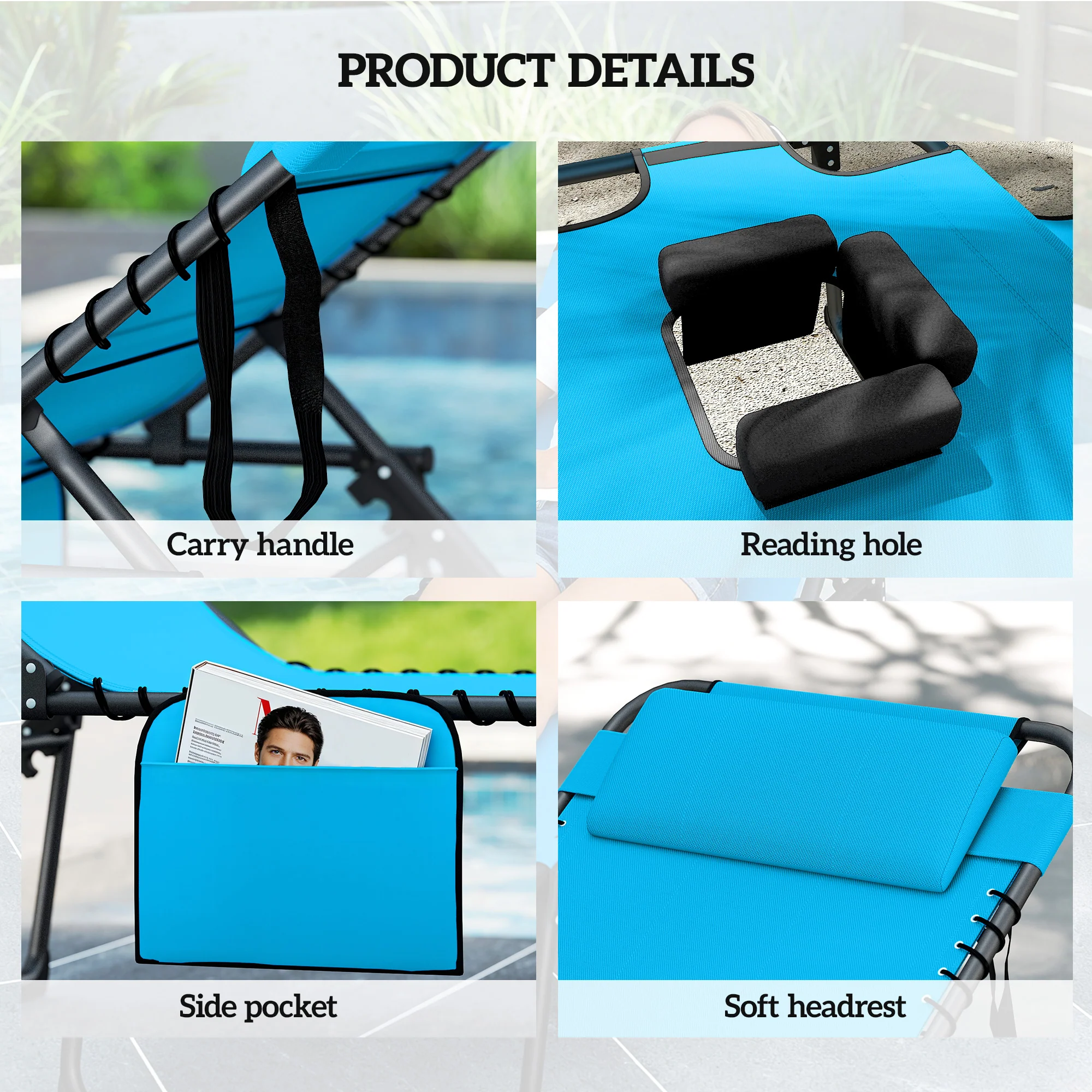 2 Piece Folding Chaise Lounge with 5-level Reclining Back, Tanning Chair with Face Hole, Outdoor Lounge Chair with Side Pocket & Headrest for Beach, Yard, Patio, Blue - Image 7