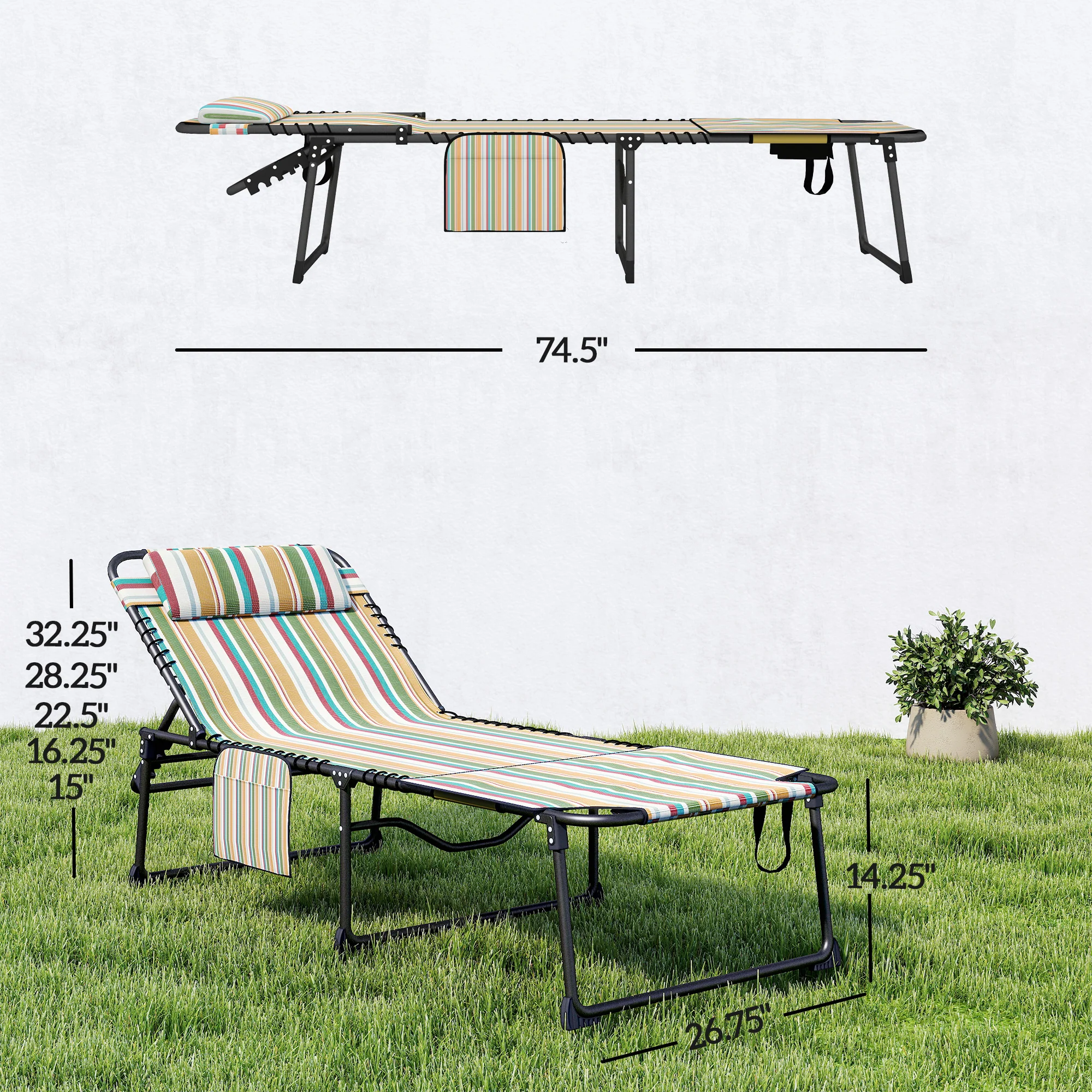 2 Piece Folding Chaise Lounge with 5-level Reclining Back, Tanning Chair with Face Hole, Outdoor Lounge Chair with Side Pocket & Headrest for Beach, Yard, Patio, Rainbow Striped - Image 5