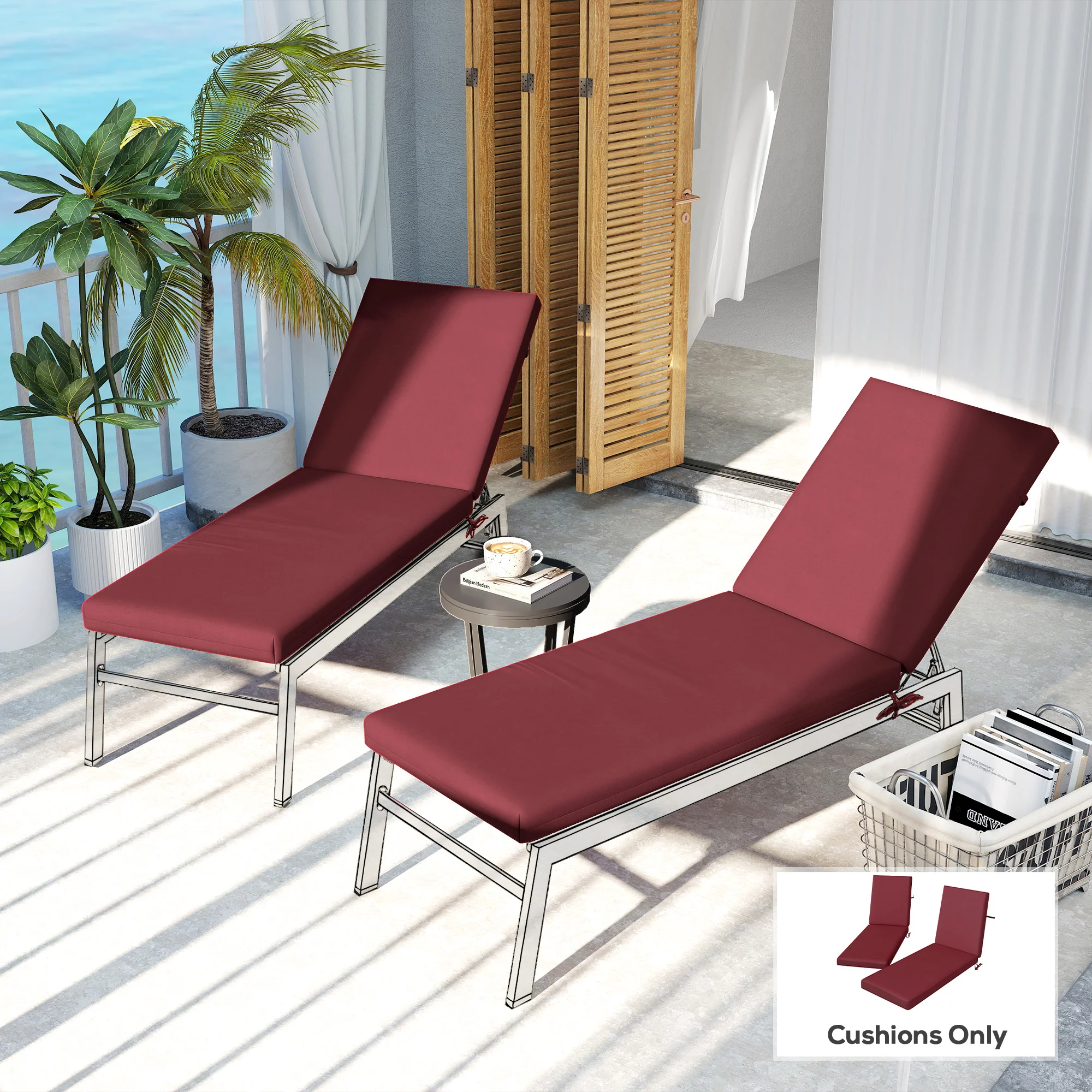 2-Piece Back and Seat Cushion Pillows Replacement, Patio Chair Cushions Set with Ties for Indoor Outdoor, Wine Red - Image 4
