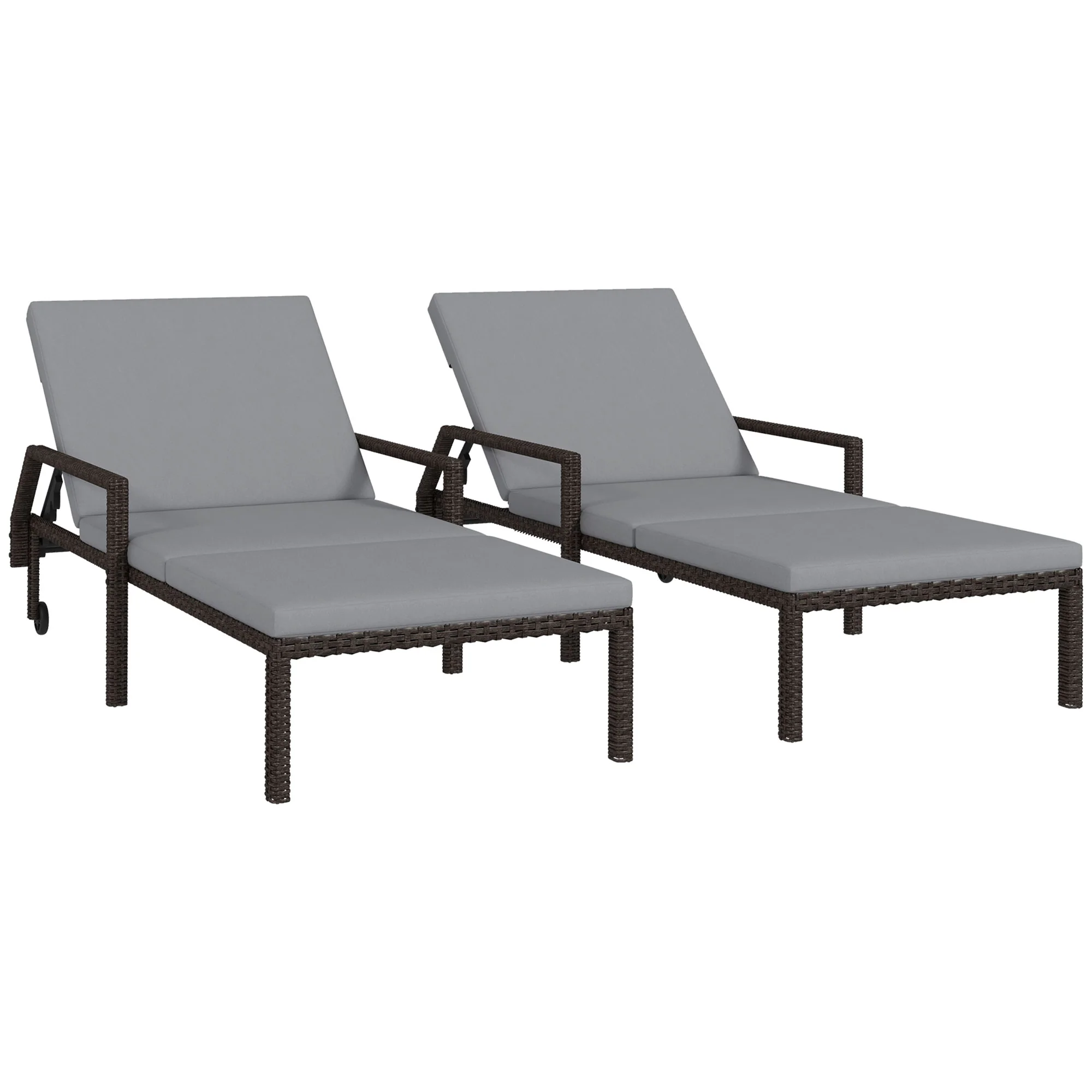 2Pc Wicker Chaise Lounger, PE Rattan Recliner w/ Adjustable Backrest & 2 Wheels, Grey - Image 12