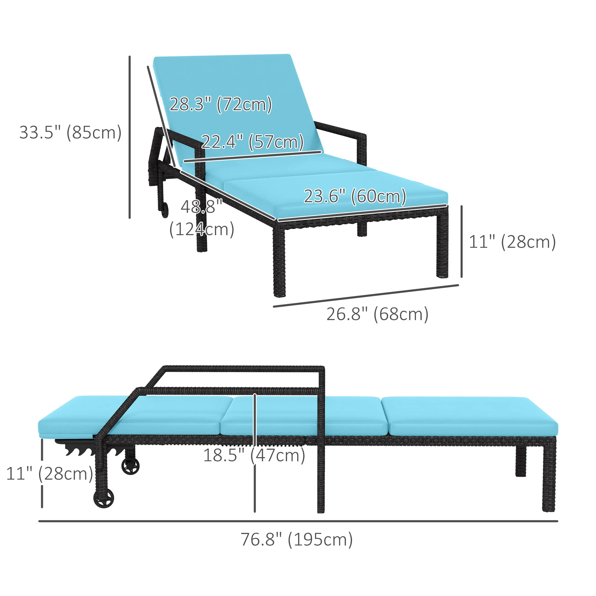 2Pc Wicker Chaise Lounger, PE Rattan Recliner w/ Adjustable Backrest & 2 Wheels, Sky Blue - Image 5