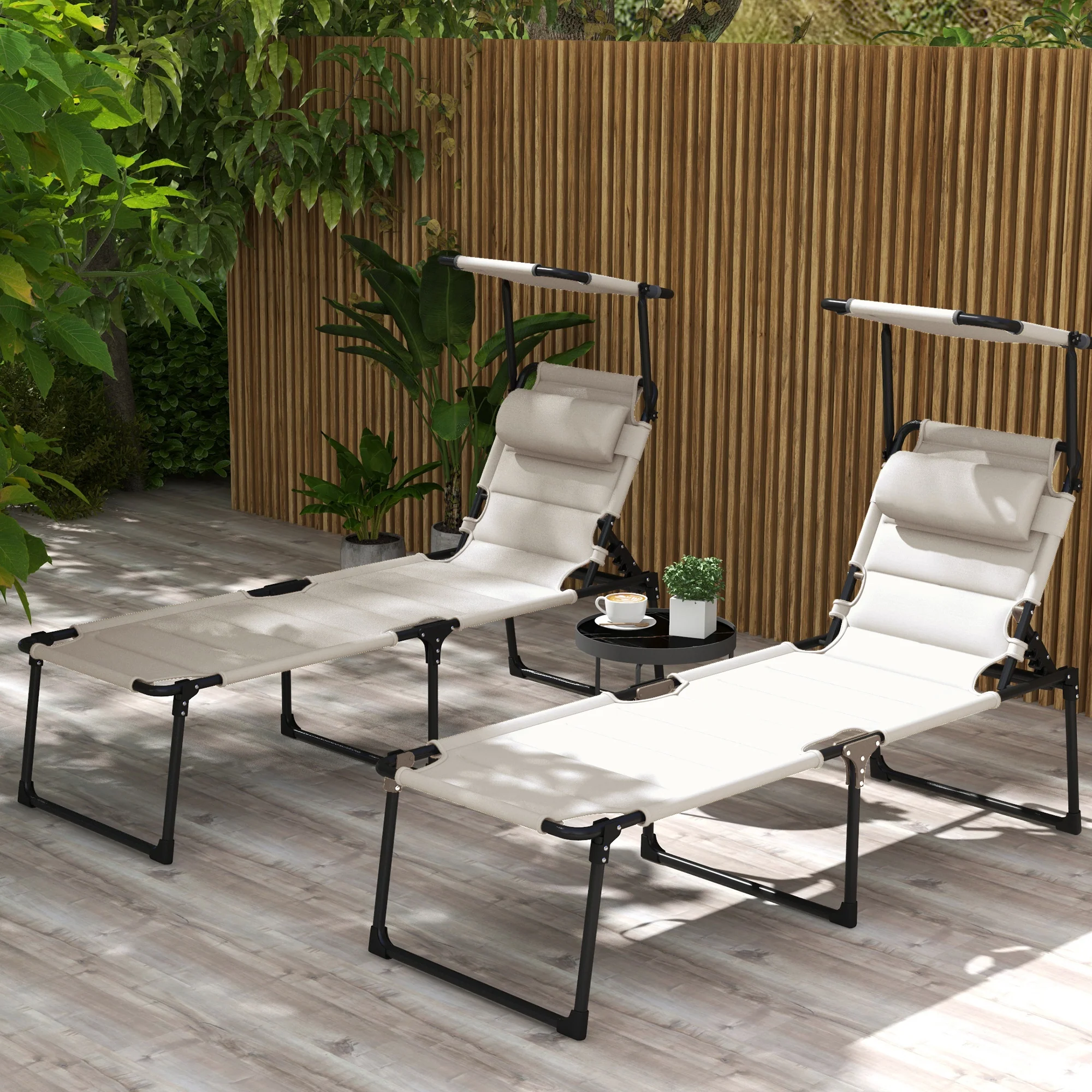2 Pieces Outdoor Lounge Chair, Adjustable Backrest Folding Chaise Lounge, Cushioned Tanning Chair with Sunshade Roof & Pillow Headrest for Beach, Camping, Hiking, Cream White - Image 3