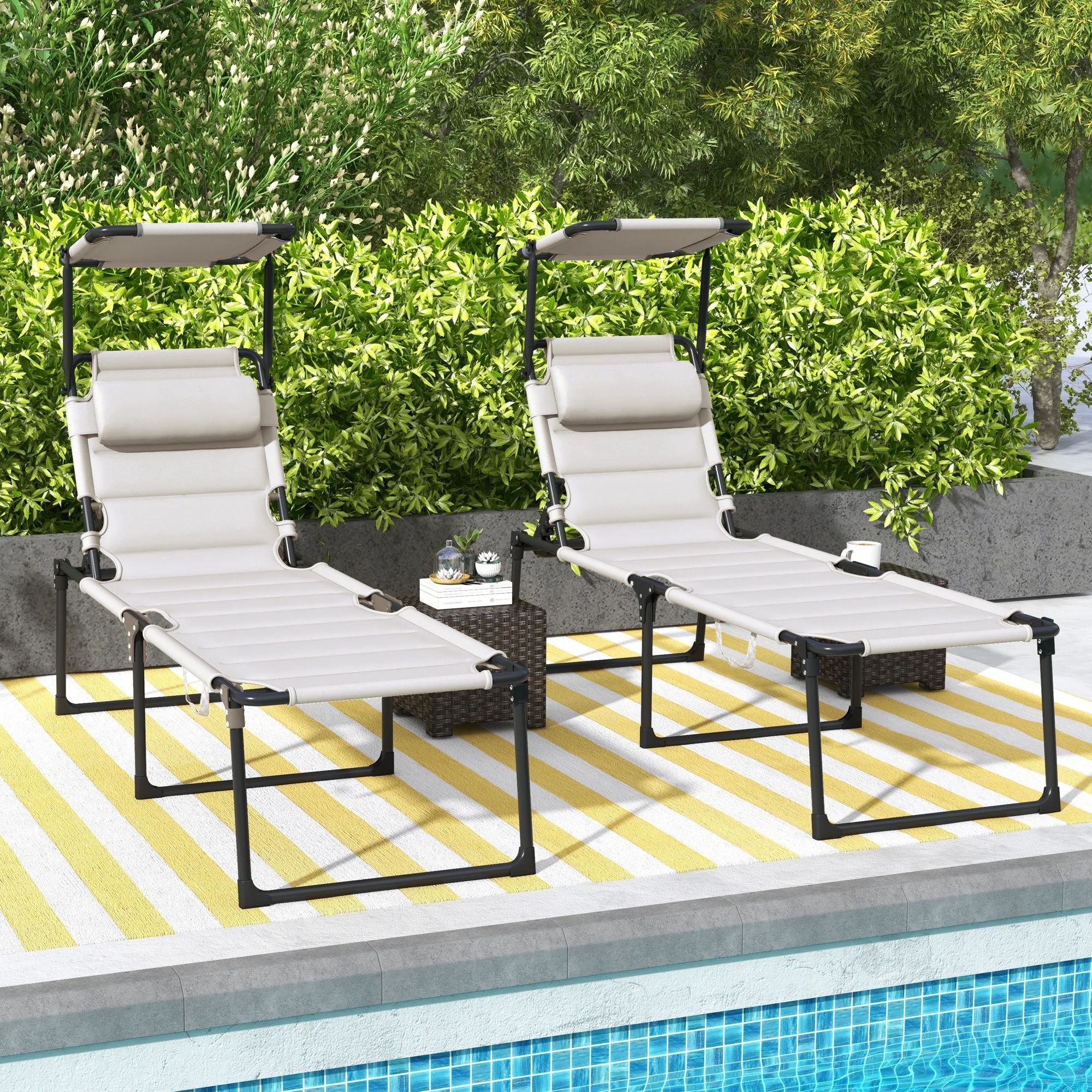2 Pieces Outdoor Lounge Chair, Adjustable Backrest Folding Chaise Lounge, Cushioned Tanning Chair with Sunshade Roof & Pillow Headrest for Beach, Camping, Hiking, Cream White - Image 4
