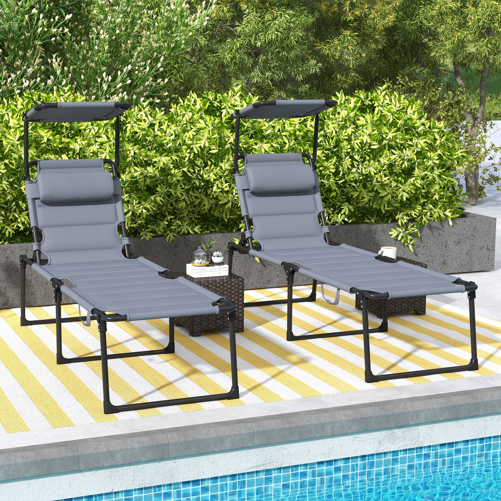 Adjustable Outdoor Lounge Chair with Awning & Foldable Design, Gray - Image 4