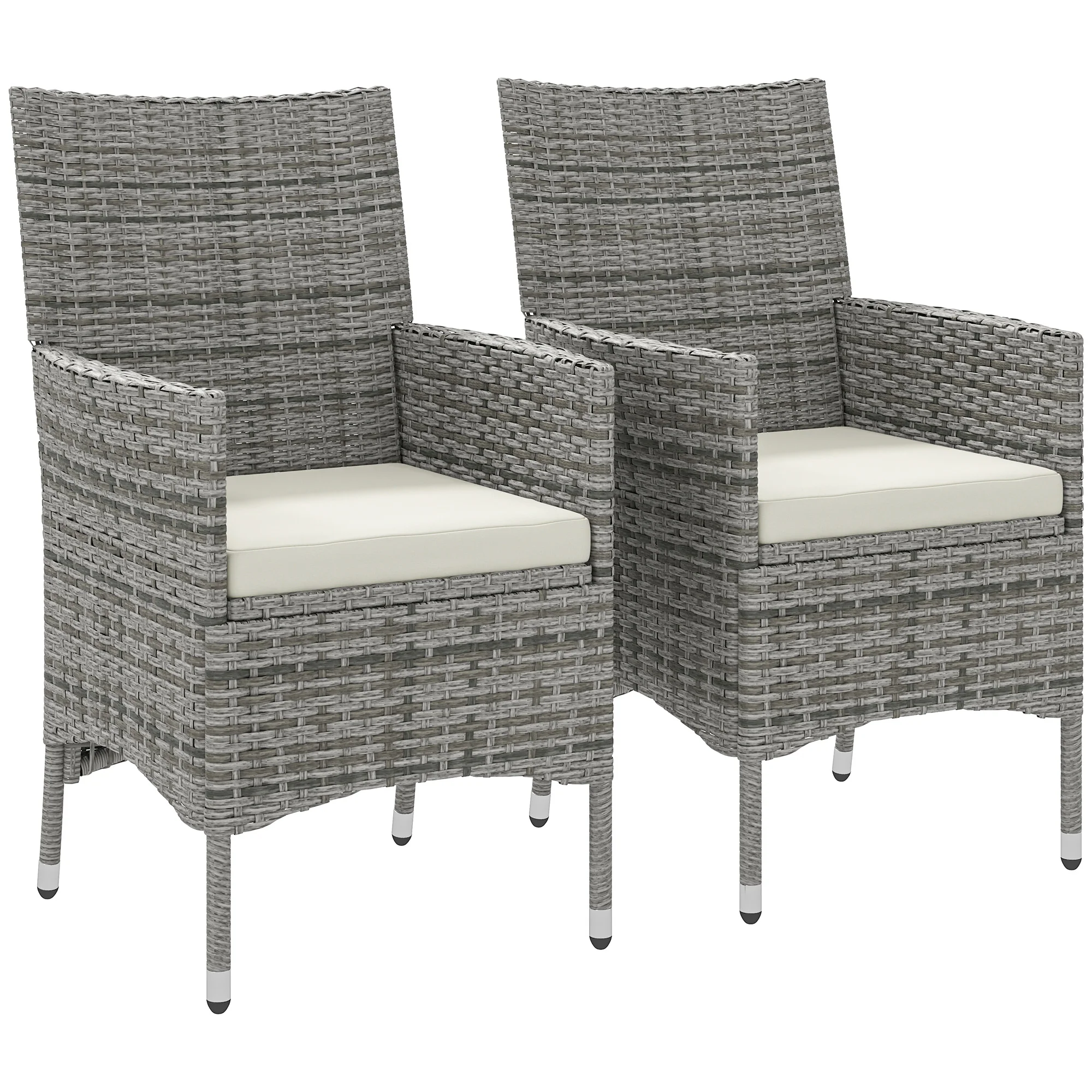 2 Pieces Outdoor PE Rattan Dining Chairs Set with Cushion, Garden Armchair with Armrests, High Backrest, Metal Frame Patio Wicker Furniture, Mixed Grey - Image 12