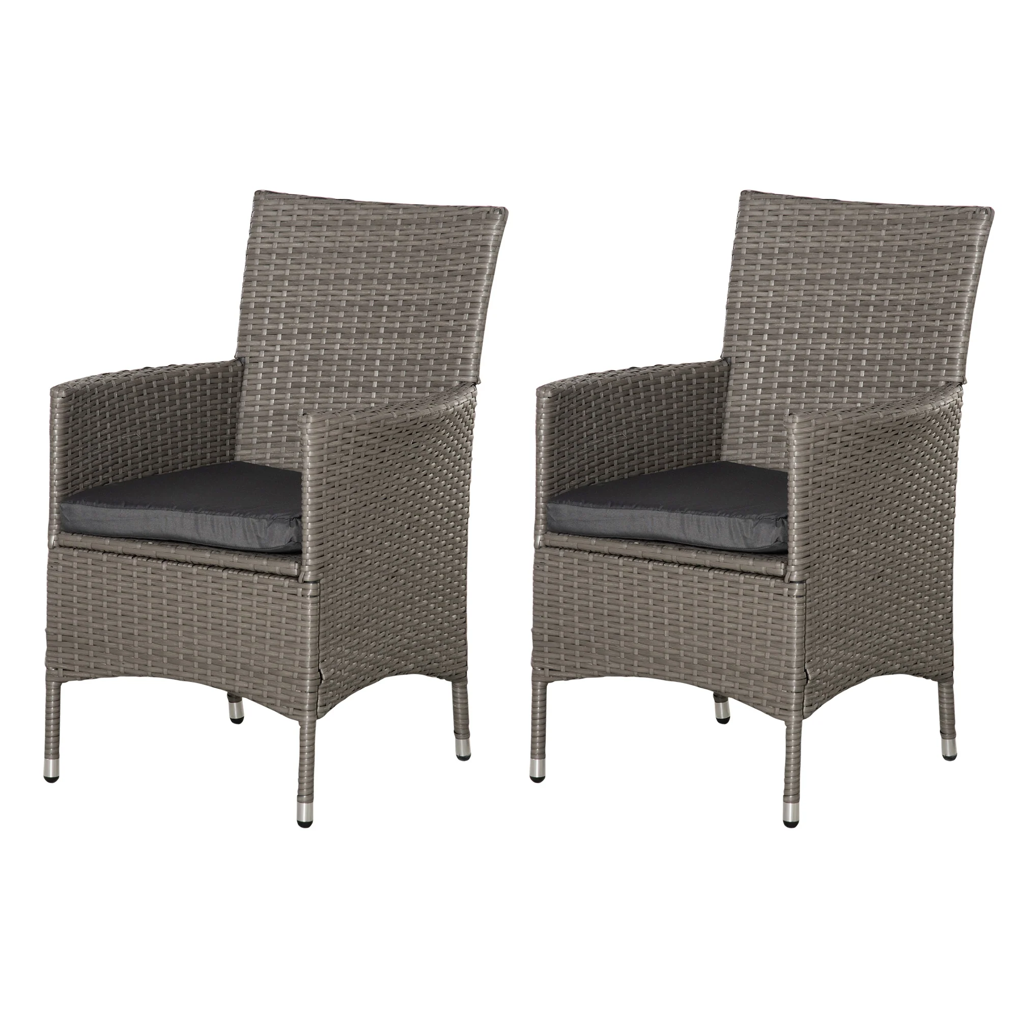 2 Pieces Outdoor PE Rattan Dining Chairs Set with Cushion, Garden Armchair with Armrests, High Backrest, Metal Frame Patio Wicker Furniture, Grey - Image 12