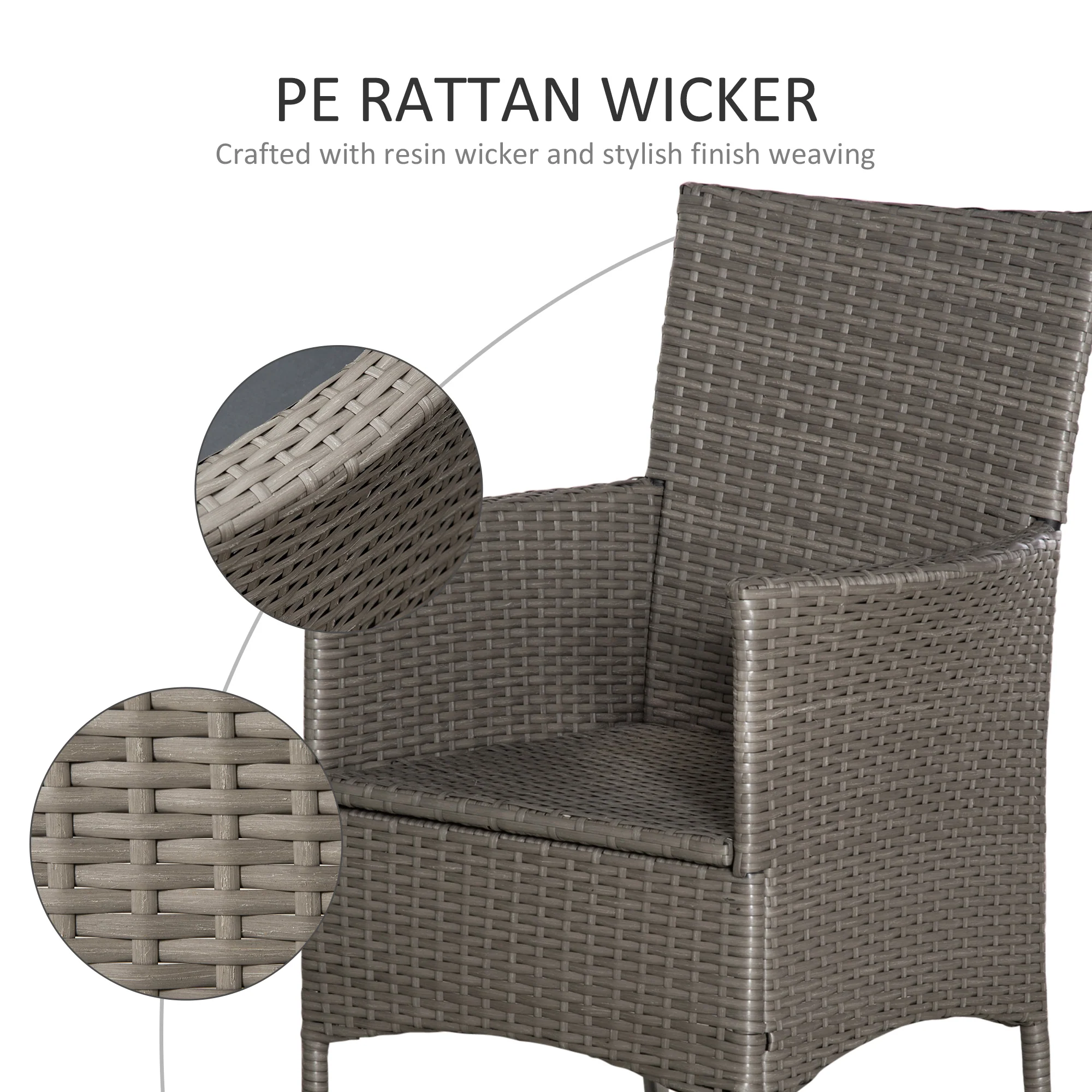 2 Pieces Outdoor PE Rattan Dining Chairs Set with Cushion, Garden Armchair with Armrests, High Backrest, Metal Frame Patio Wicker Furniture, Grey - Image 9