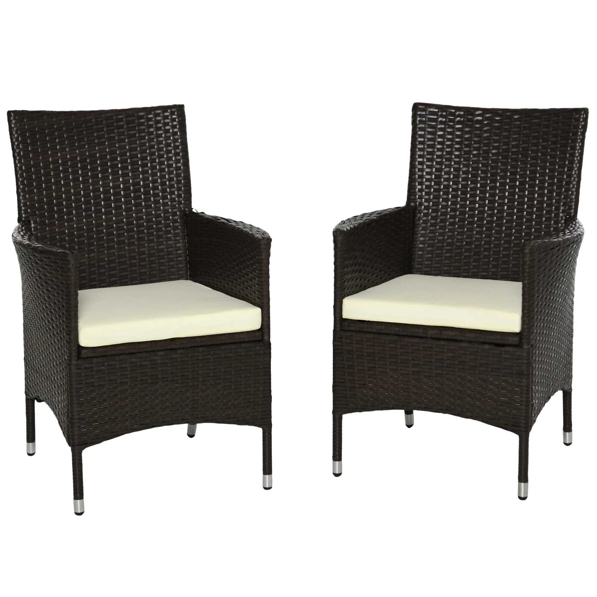 2 Pieces Outdoor PE Rattan Dining Chairs Set with Cushion, Garden Armchair with Armrests, High Backrest, Metal Frame Patio Wicker Furniture, Coffee - Image 2