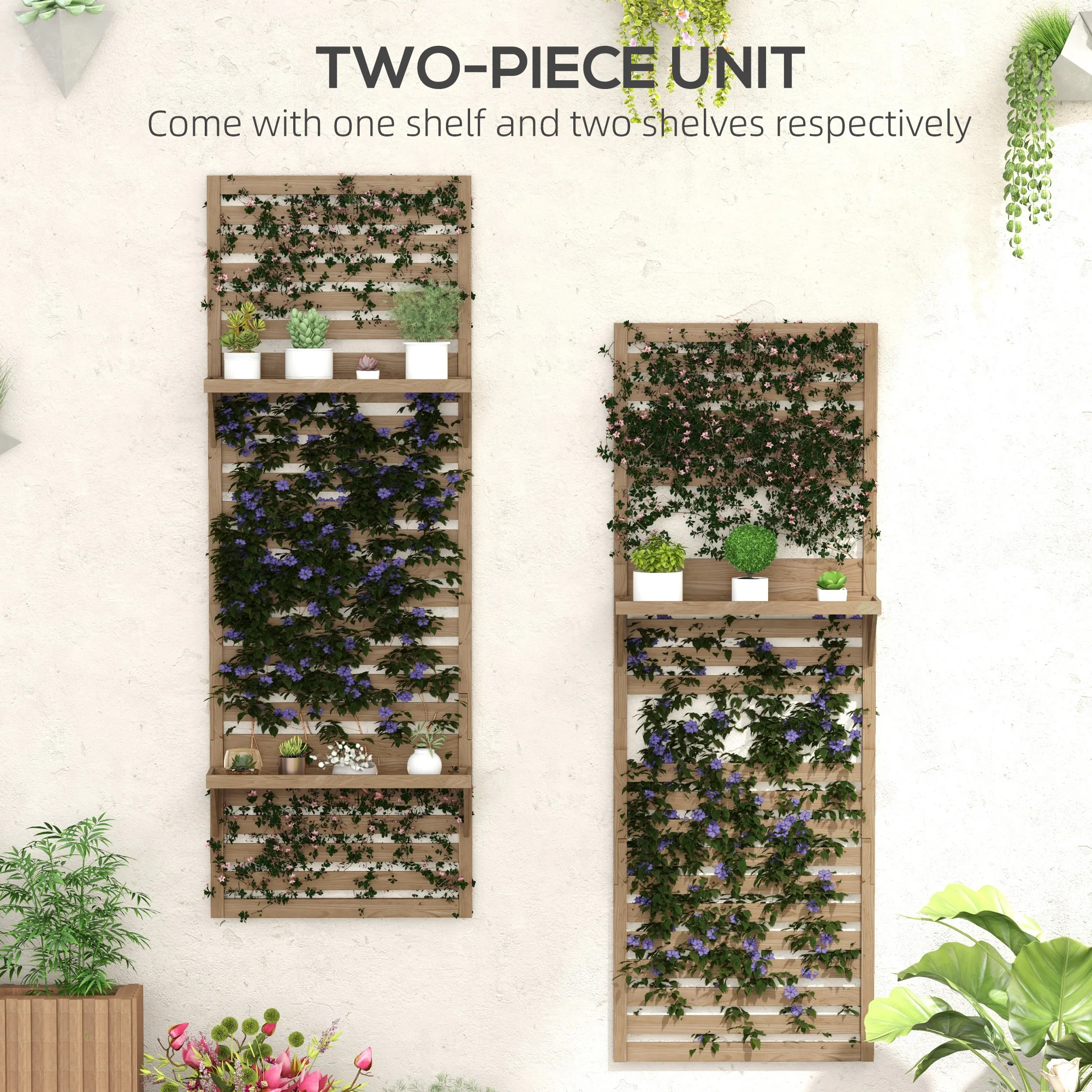 2-pieces Outdoor Plant Stands with Hanging Planter Shelves and Slatted Trellis for Climbing Plants, 170cm Wall Mount Wooden Plant Rack for Patio, Balcony, Porch, Natural - Image 6