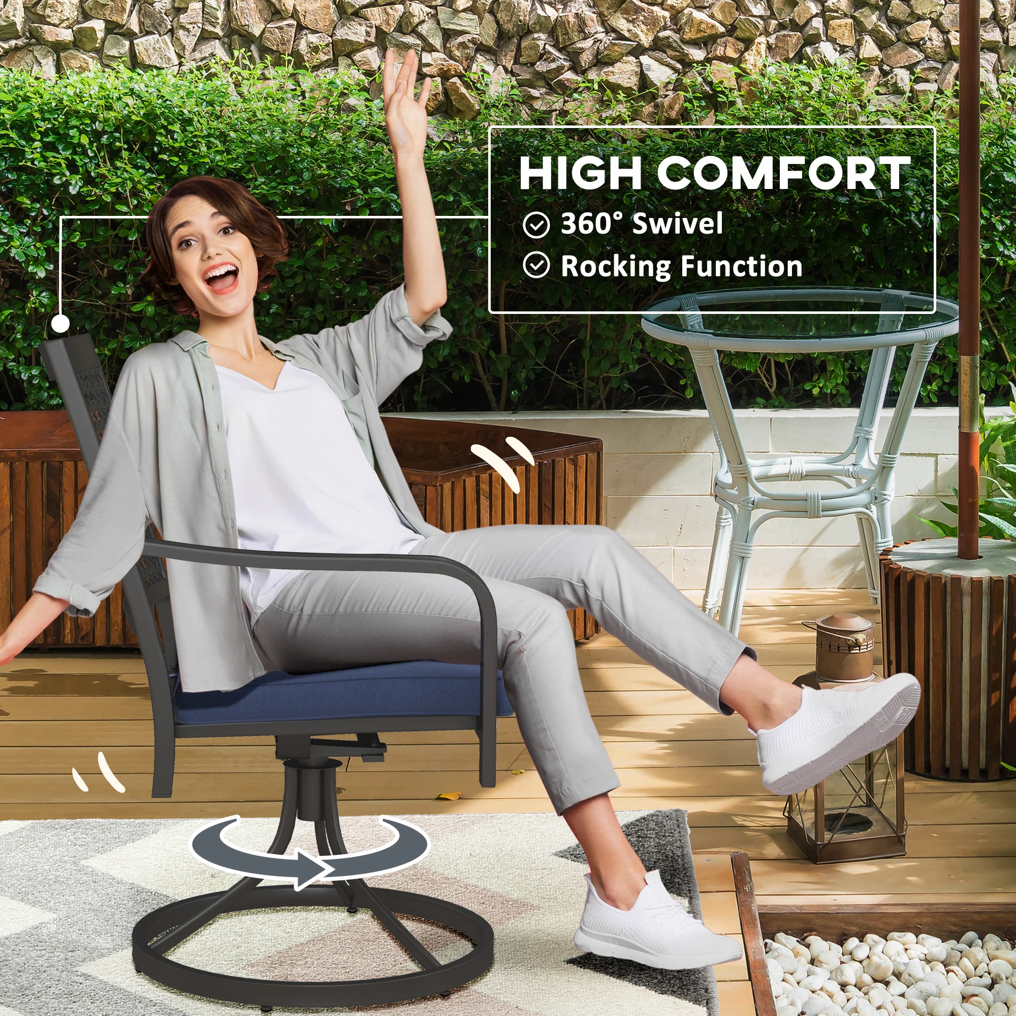 2 Pieces Patio Swivel Chairs with Cushion, Outdoor Rocker with Curved Armrests, Navy Blue - Image 6