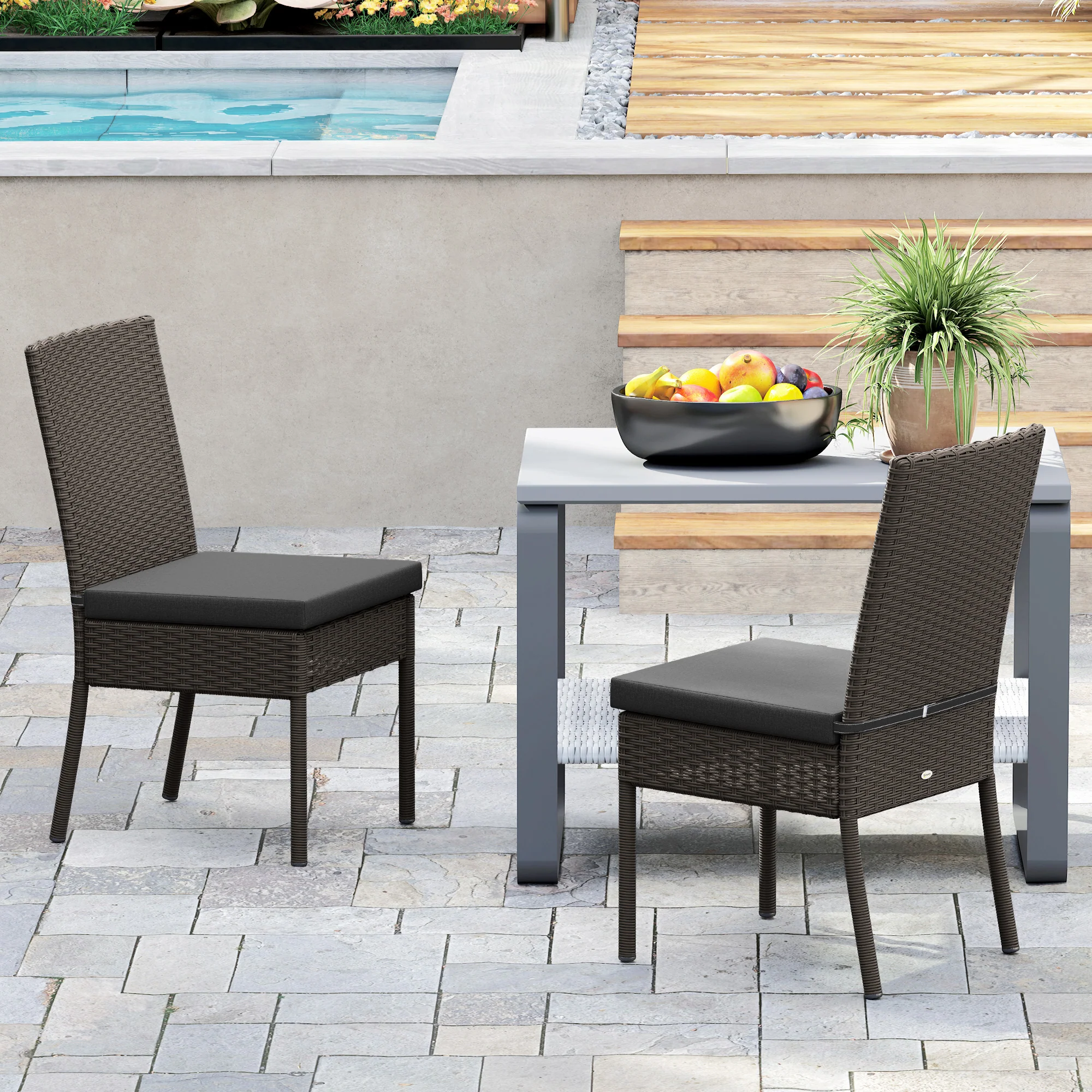 2 Pieces PE Rattan Dining Chairs with Cushion for Patio, Deck, Garden, Dark Grey - Image 10