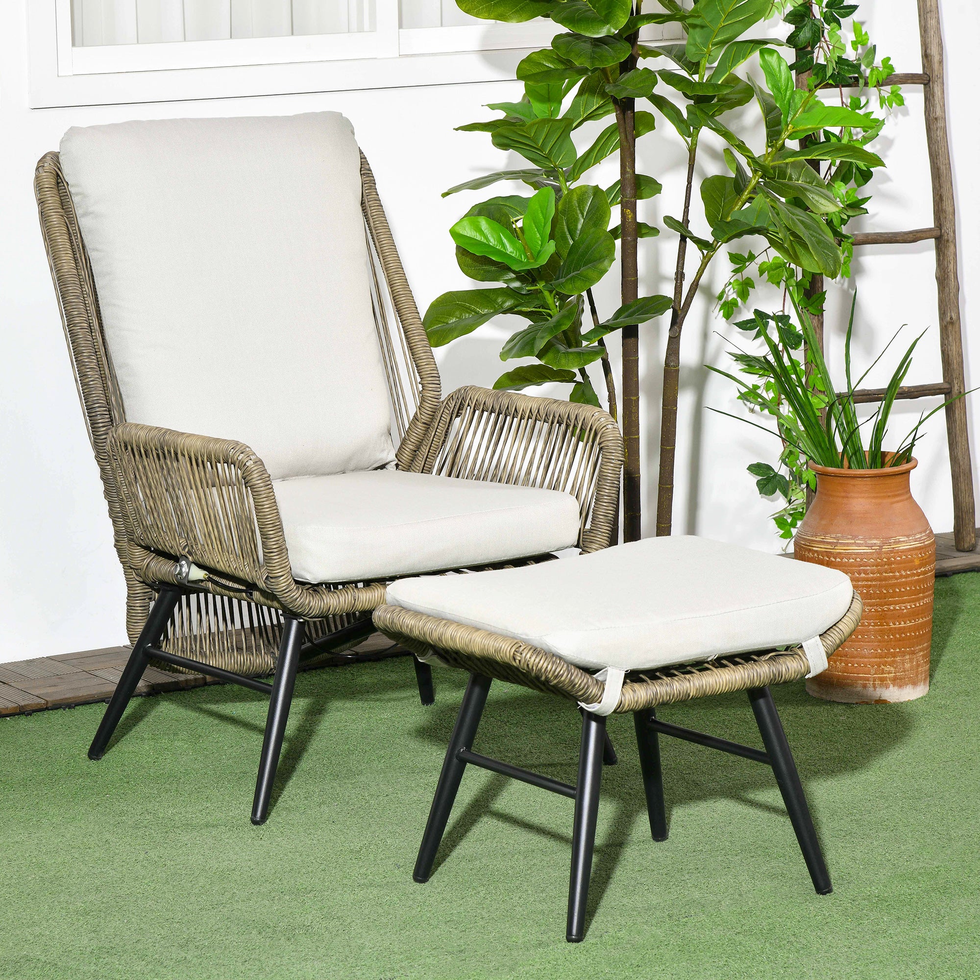 2 Pieces PE Rattan Patio Leisure Chair Set with Adjustable Backrest & Cushion, Khaki - Image 3