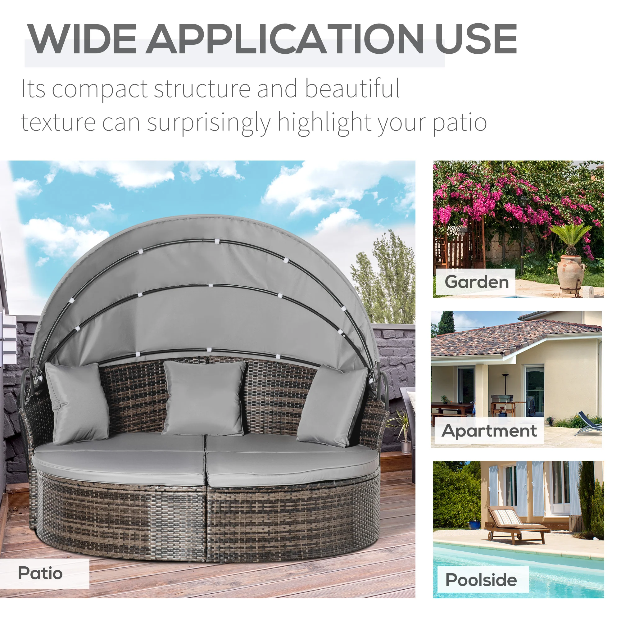 2 Pcs Rattan Outdoor Daybed with Retractable Canopy, Cushions & Pillows, Mixed Grey - Image 6