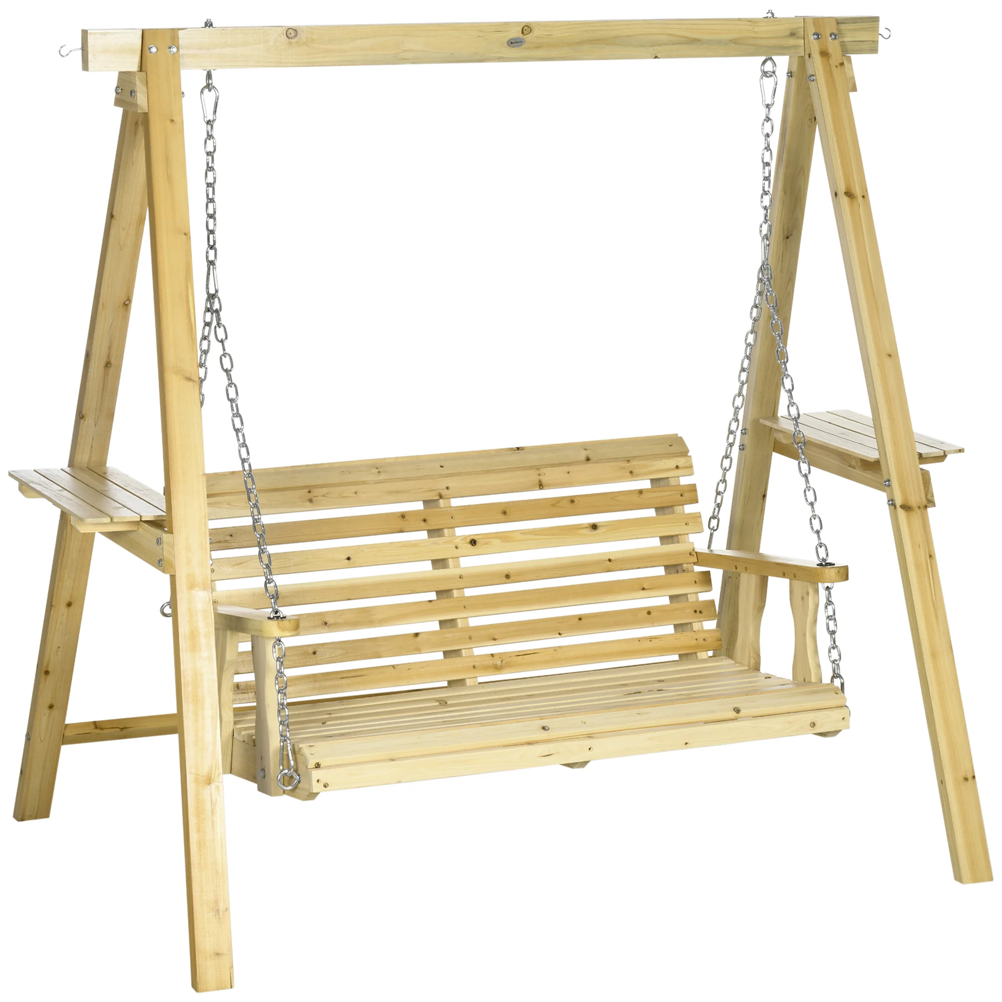 2-Seat orch Swing with Stand, Wooden Patio Swing Chair with Side Tables and Metal Chains, Outdoor Hanging Bench for Garden, Poolside, Backyard, Natural Wood - Image 12