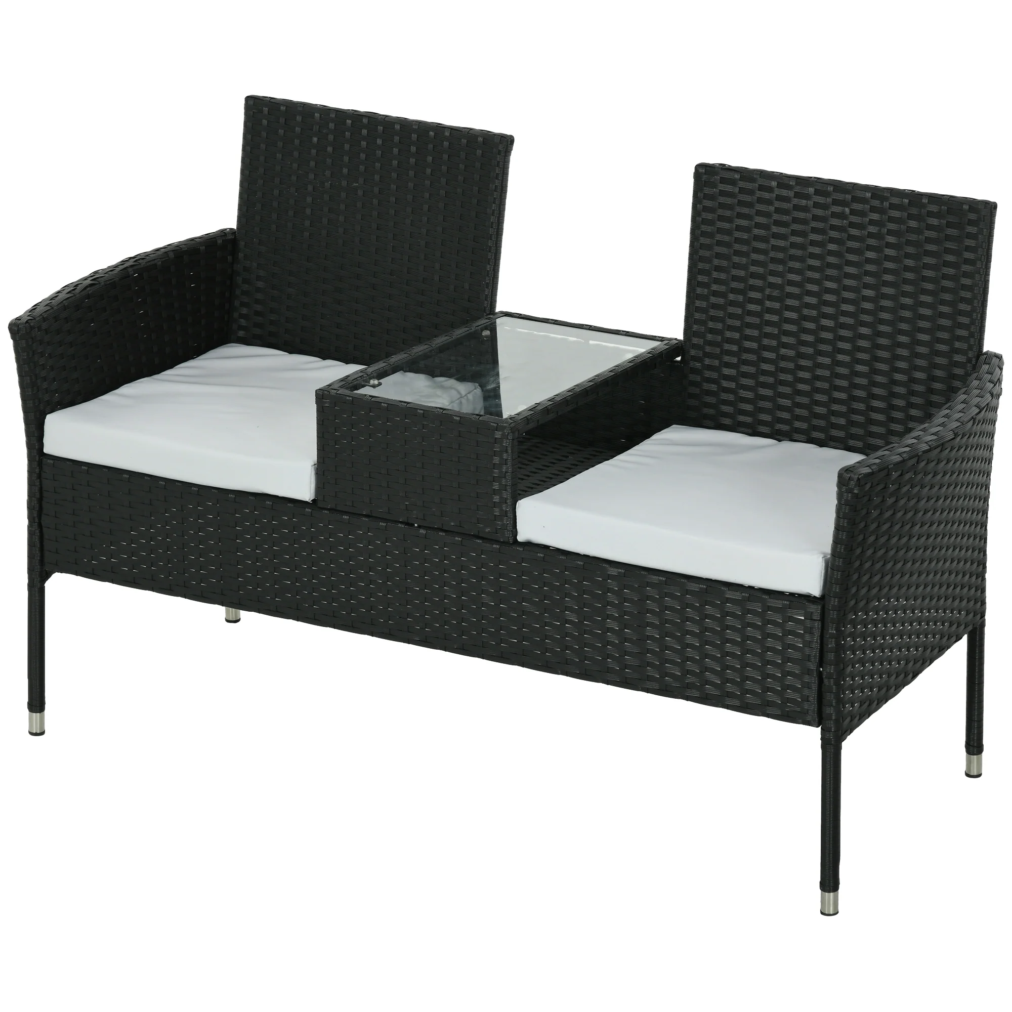 2-Seat PE Rattan Loveseat and Tempered Glass Tea Table Set for Garden, Light Grey - Image 2