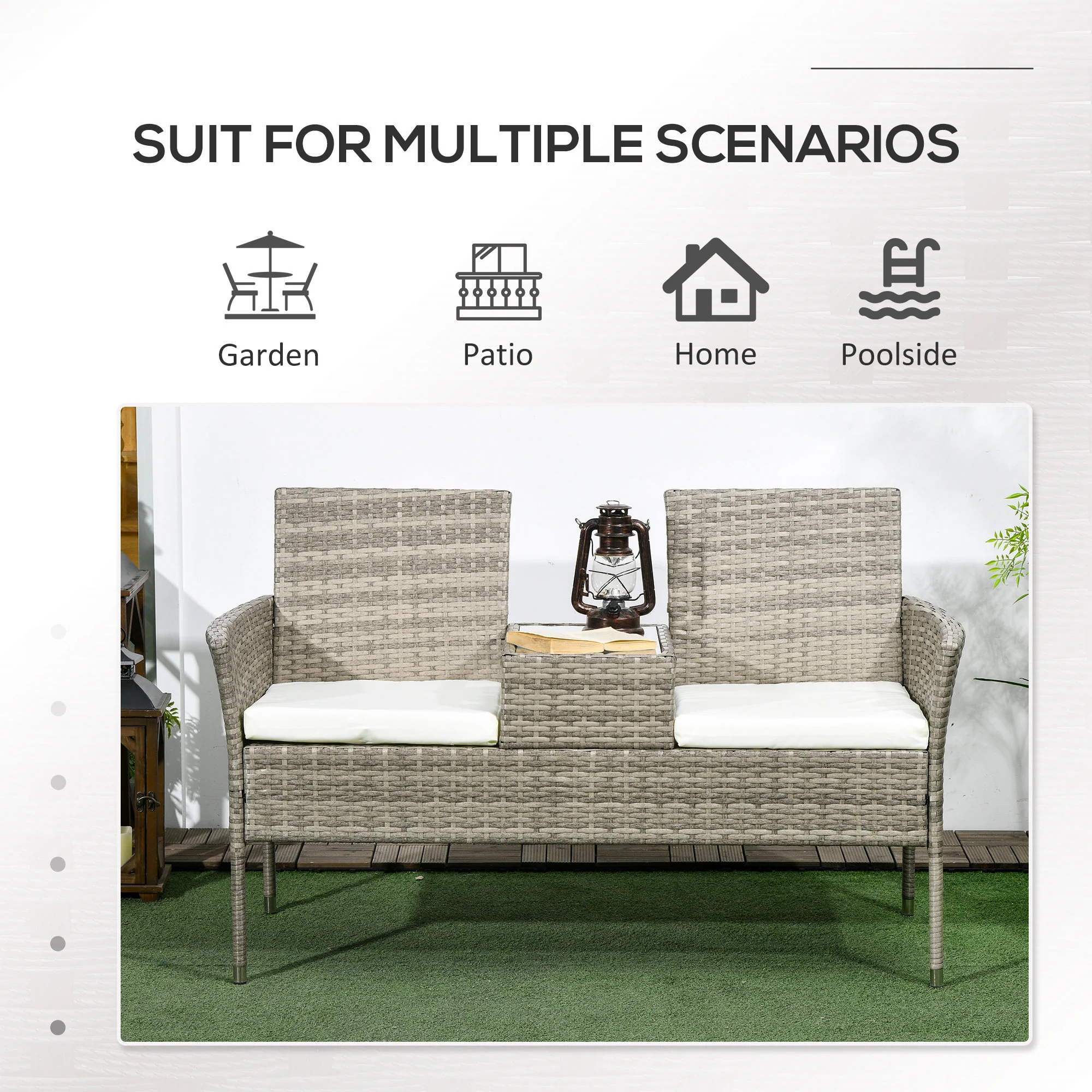 2 Seat Rattan Garden Bench with Middle Glass Tea Table & Padded Cushions, Cream White - Image 9